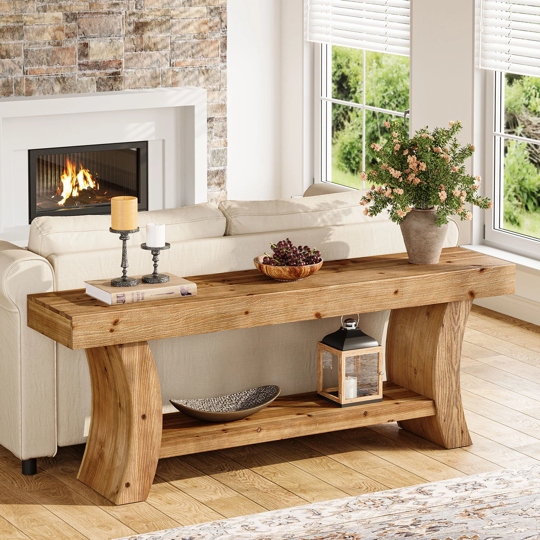 2-Tier Solid Wood Console Table, 63" Farmhouse Sofa Table Behind Couch - Image 6