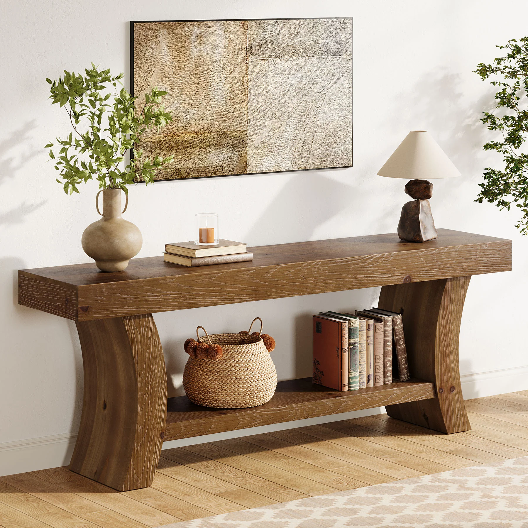 2-Tier Solid Wood Console Table, 63" Farmhouse Sofa Table Behind Couch - Image 9