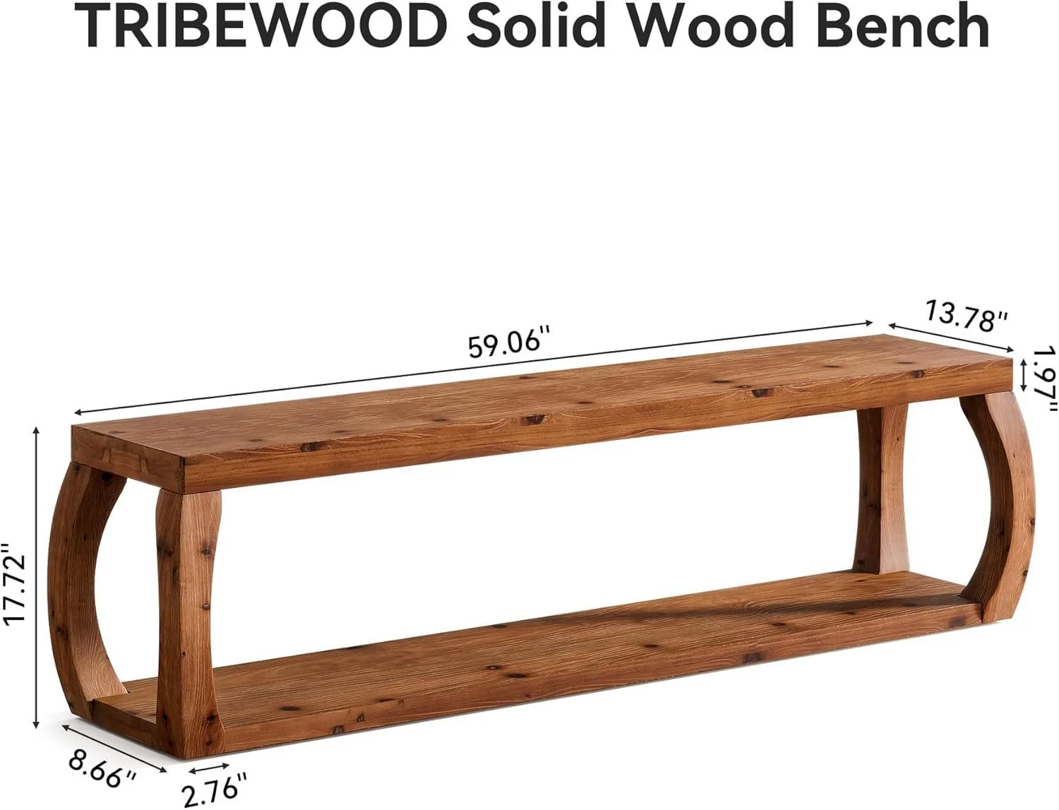 2-Tier Solid Wood Dining Bench, 59" Farmhouse Entryway Bench with Open Shelves - Image 2
