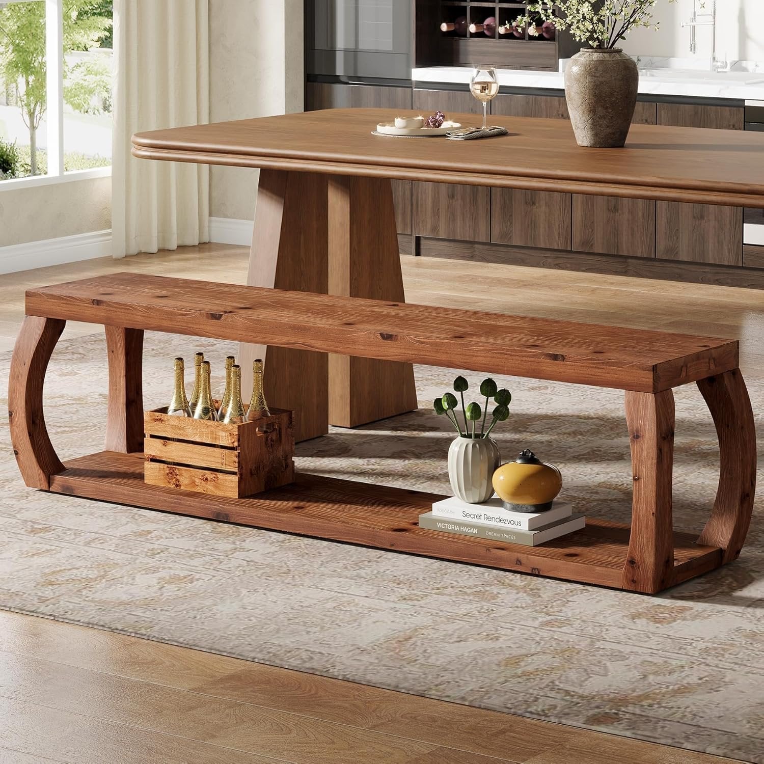2-Tier Solid Wood Dining Bench, 59" Farmhouse Entryway Bench with Open Shelves - Image 4