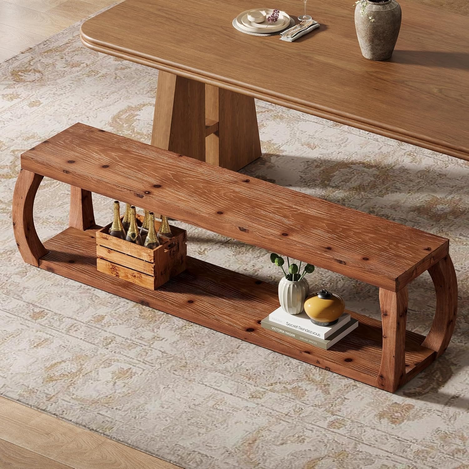 2-Tier Solid Wood Dining Bench, 59" Farmhouse Entryway Bench with Open Shelves - Image 5