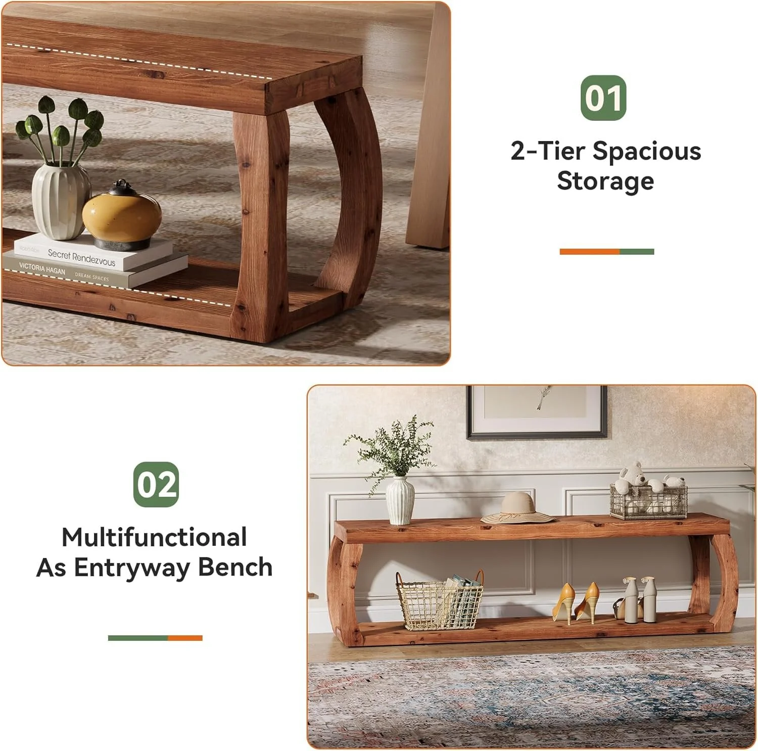 2-Tier Solid Wood Dining Bench, 59" Farmhouse Entryway Bench with Open Shelves - Image 6