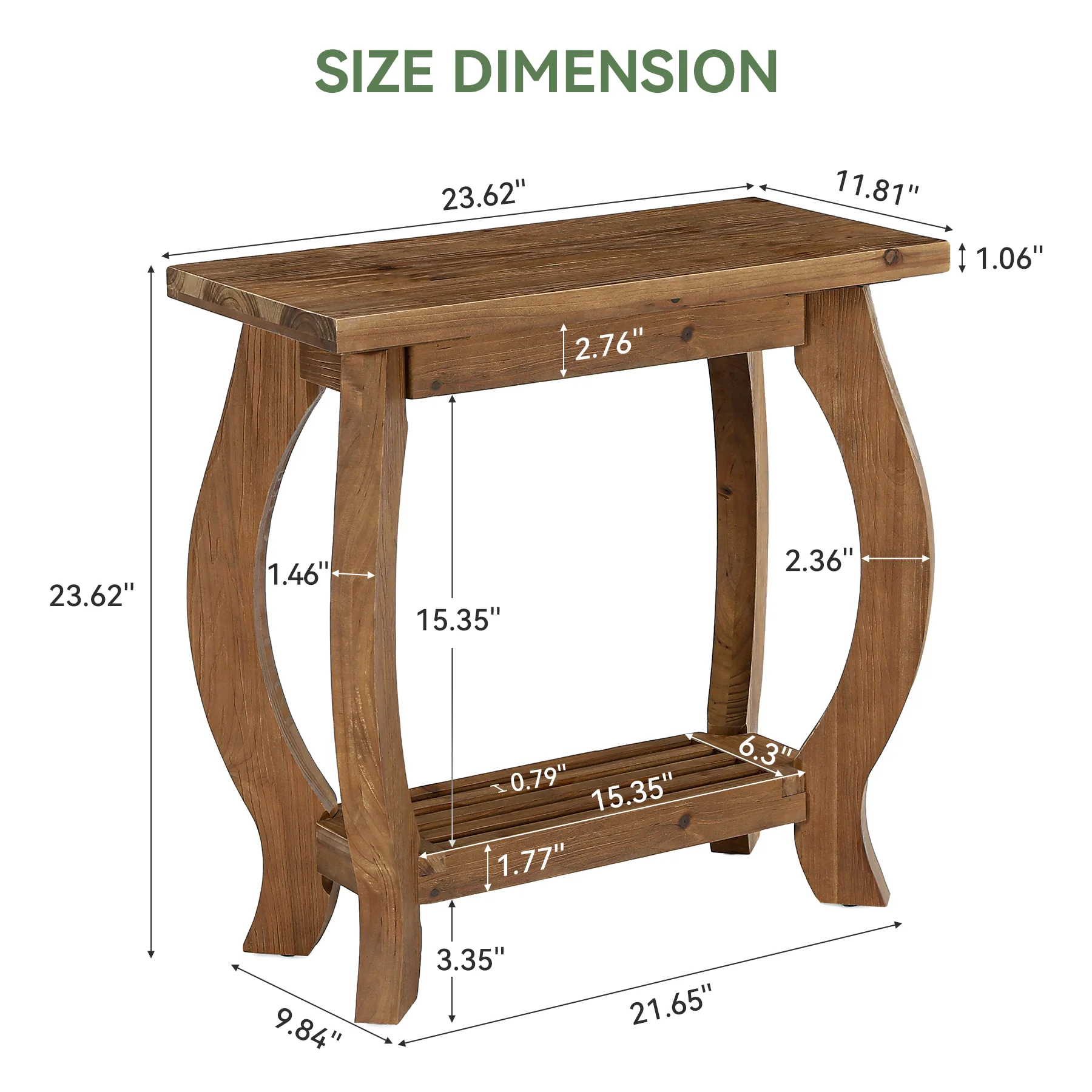 2-Tier Solid Wood End Table, Narrow Side Table with Shelf & Curved Legs for Small Spaces - Image 2