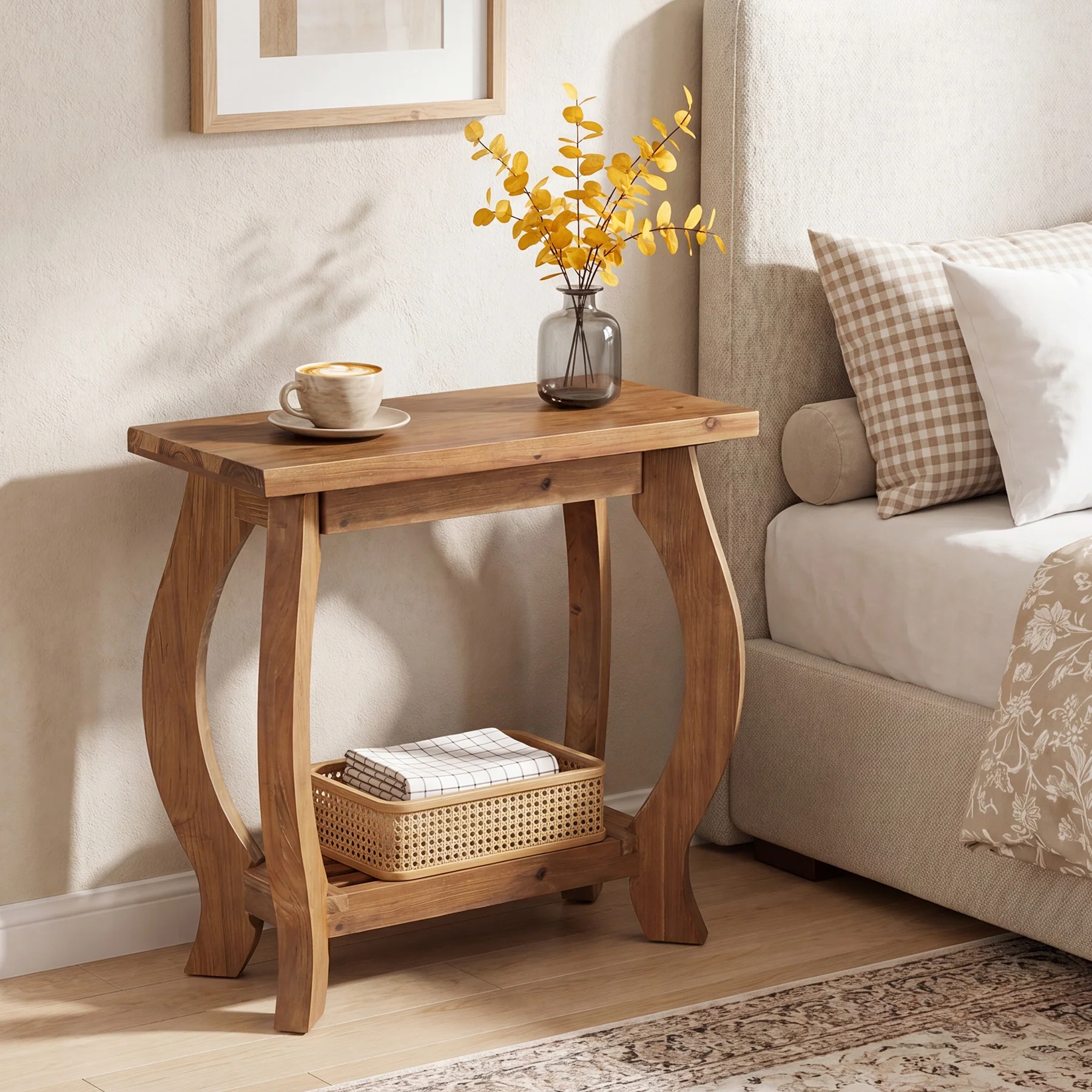 2-Tier Solid Wood End Table, Narrow Side Table with Shelf & Curved Legs for Small Spaces - Image 5