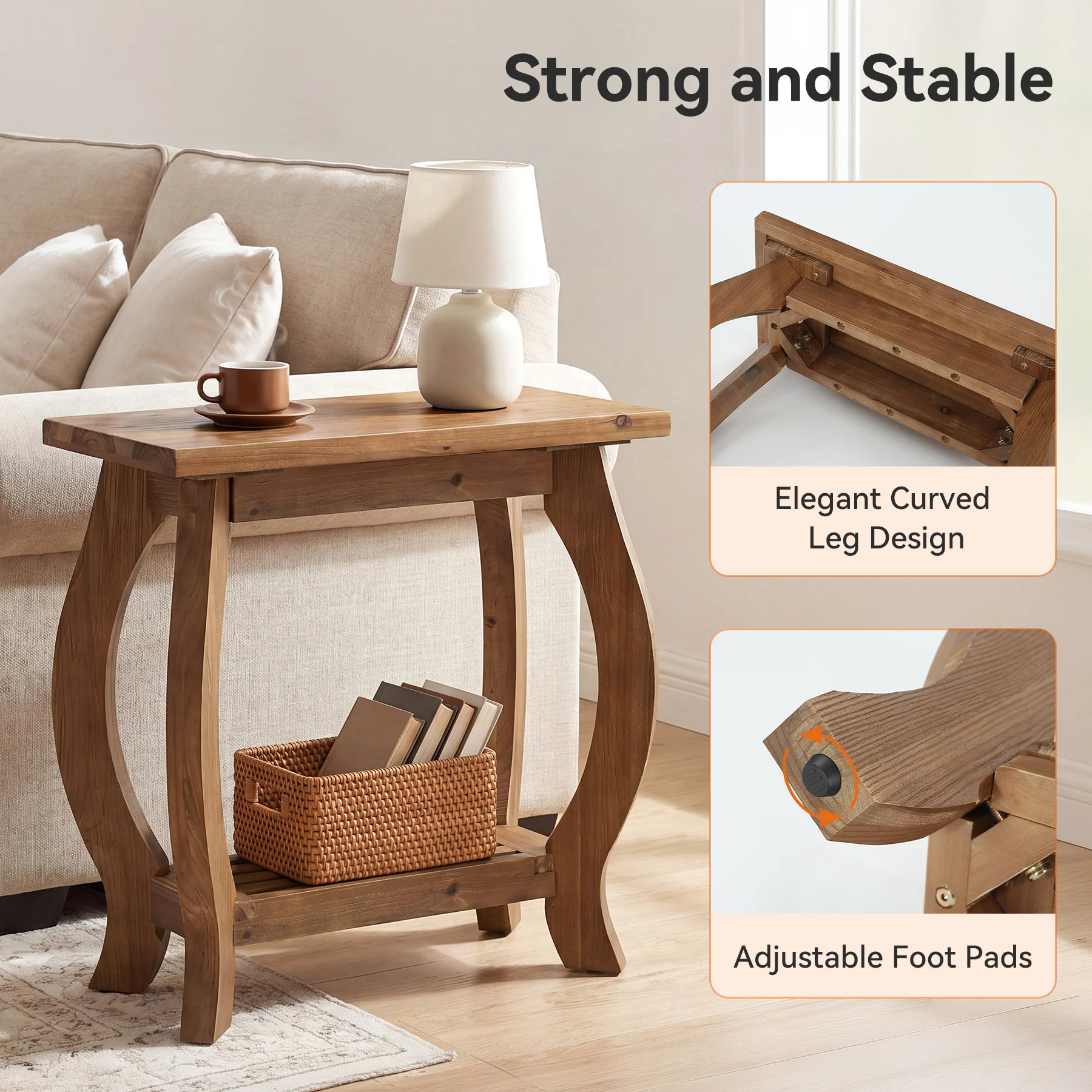 2-Tier Solid Wood End Table, Narrow Side Table with Shelf & Curved Legs for Small Spaces - Image 6