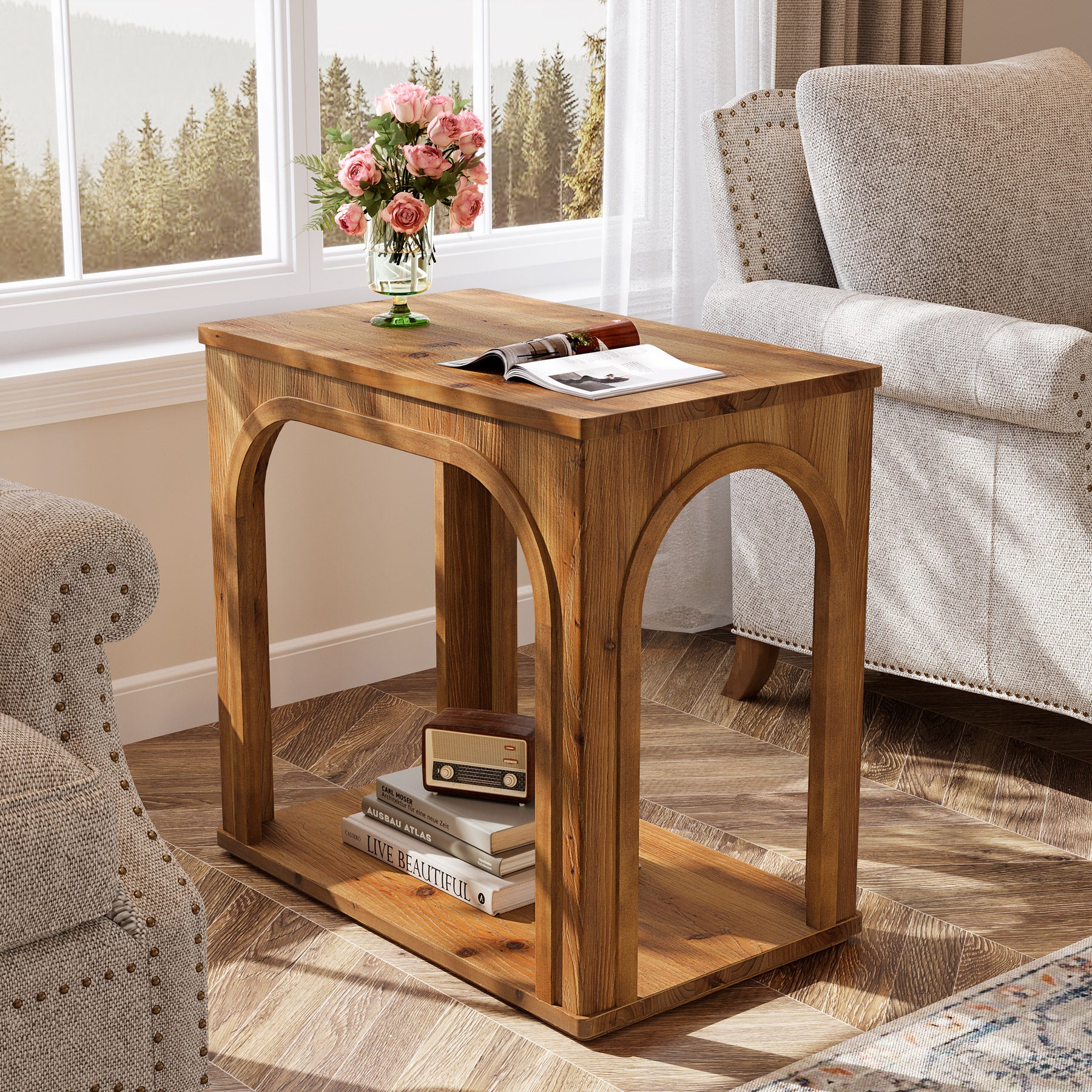 25" Farmhouse Side Table, 2-Tier Solid Wood End Table with Shelf - Image 4