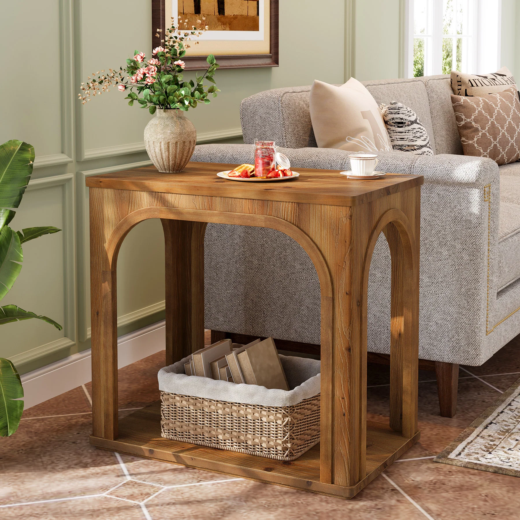 25" Farmhouse Side Table, 2-Tier Solid Wood End Table with Shelf - Image 5