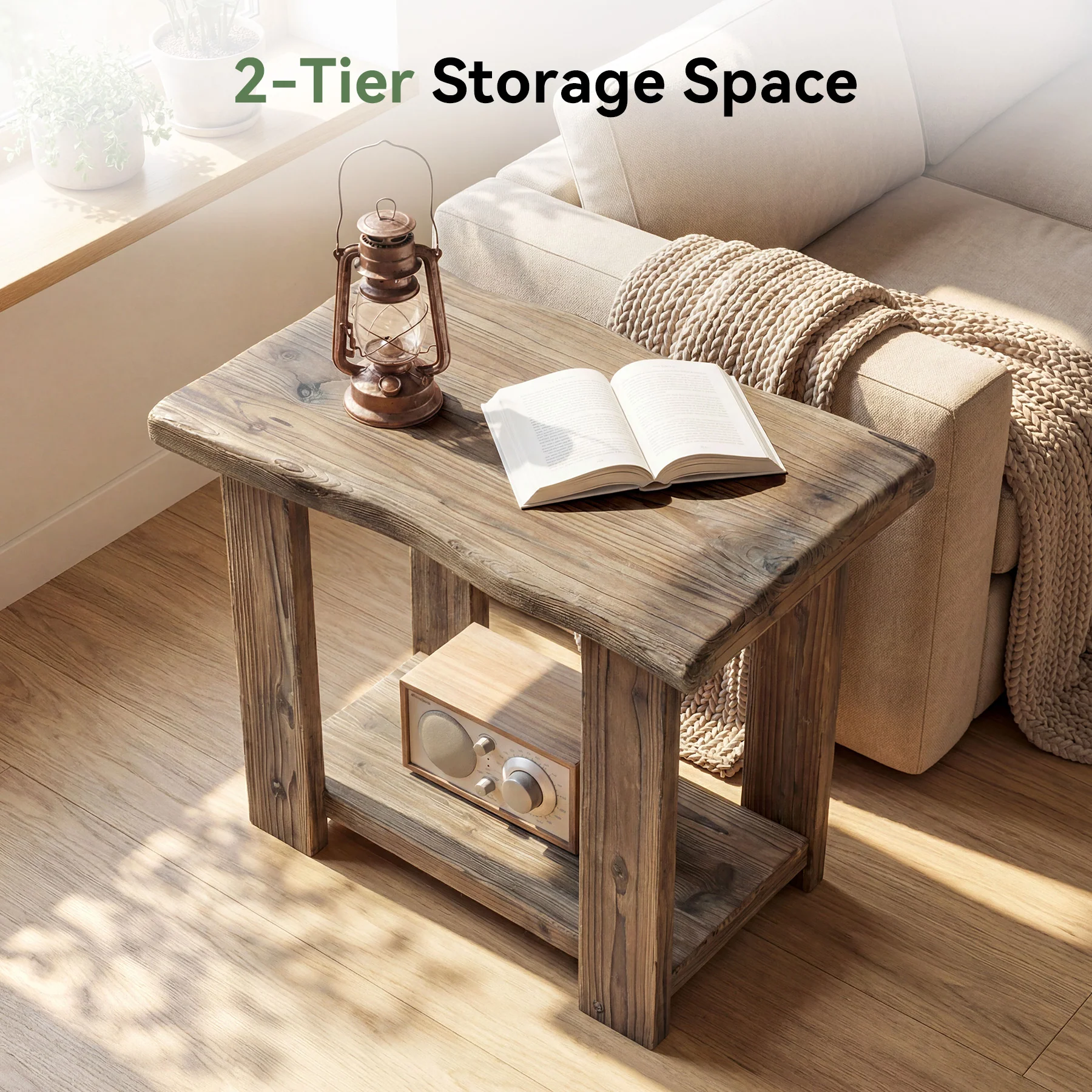 2-Tier Solid Wood End Table, Rectangle Side Table Nightstands for Living Room, Bedroom - Image 7