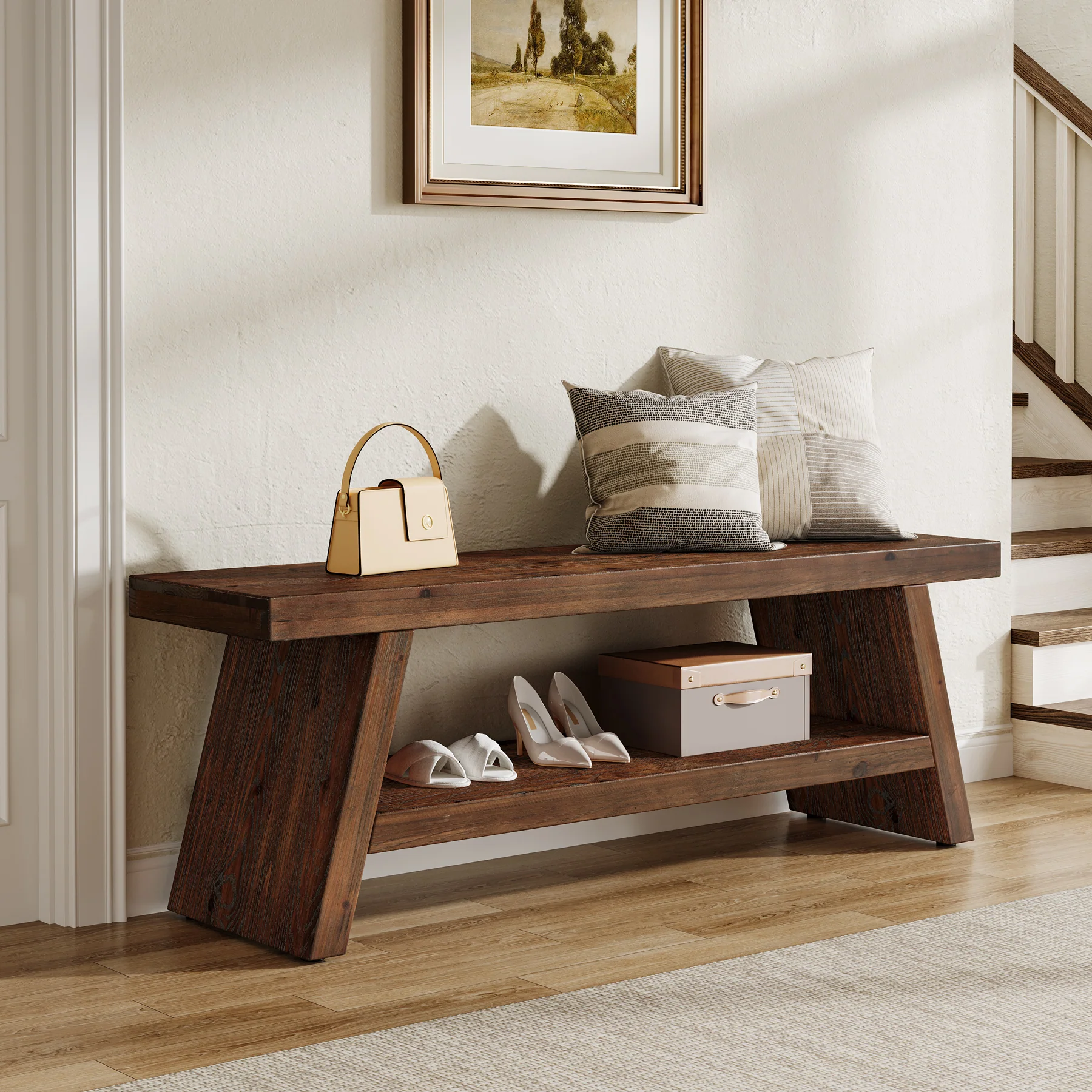 2-Tier Solid Wood Entryway Bench with Open Storage, Wooden Shoe Bench for Hallway & Foyer - Image 3