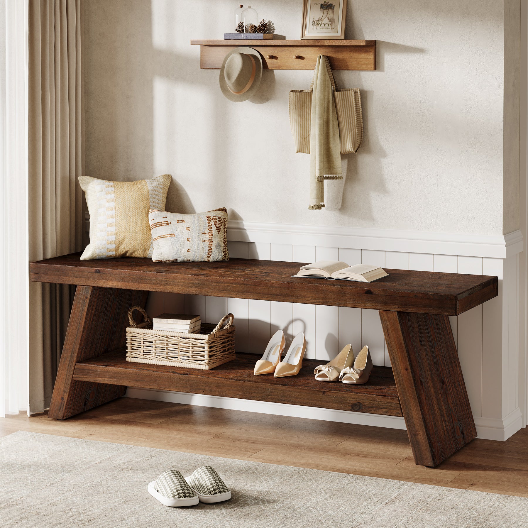2-Tier Solid Wood Entryway Bench with Open Storage, Wooden Shoe Bench for Hallway & Foyer - Image 4