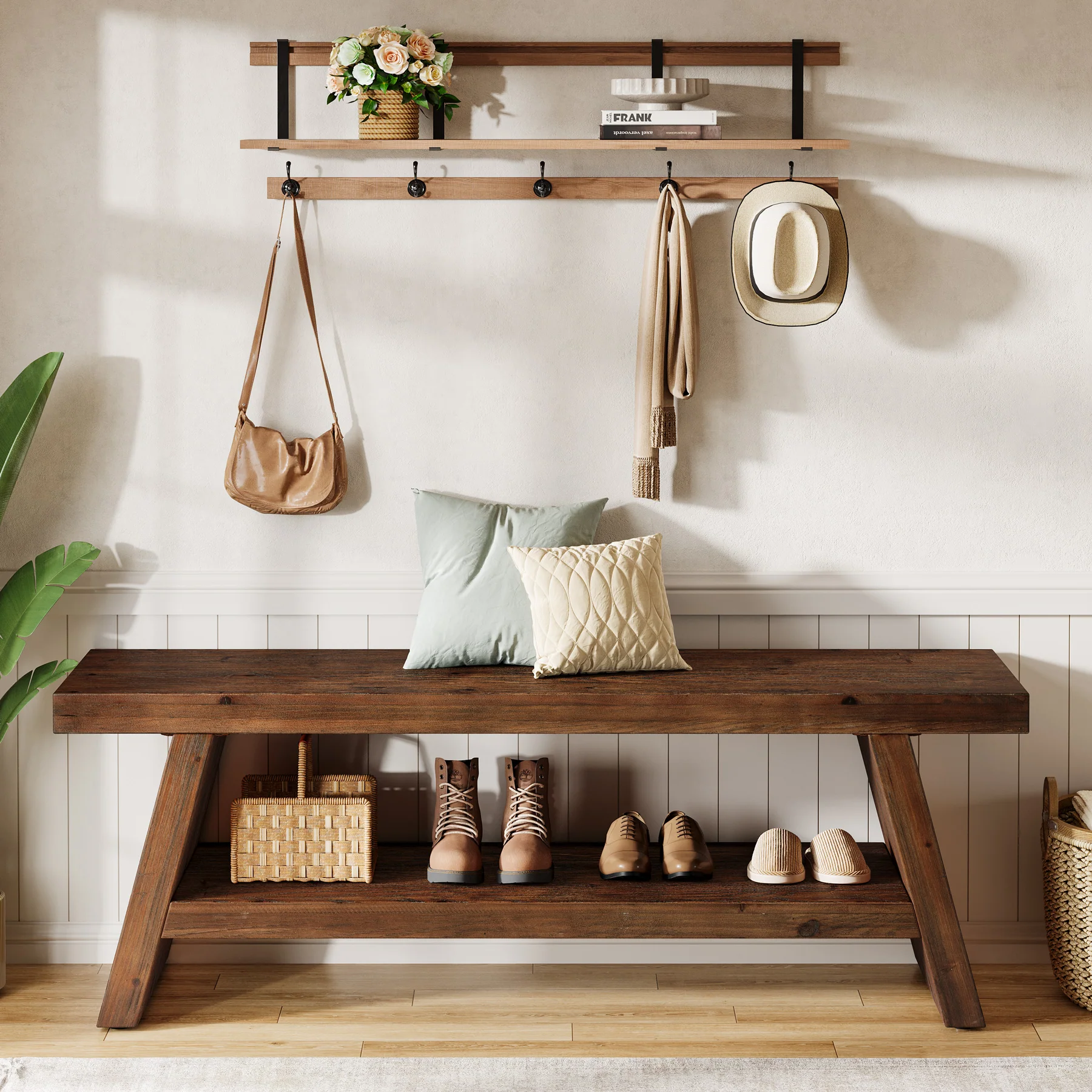 2-Tier Solid Wood Entryway Bench with Open Storage, Wooden Shoe Bench for Hallway & Foyer - Image 5