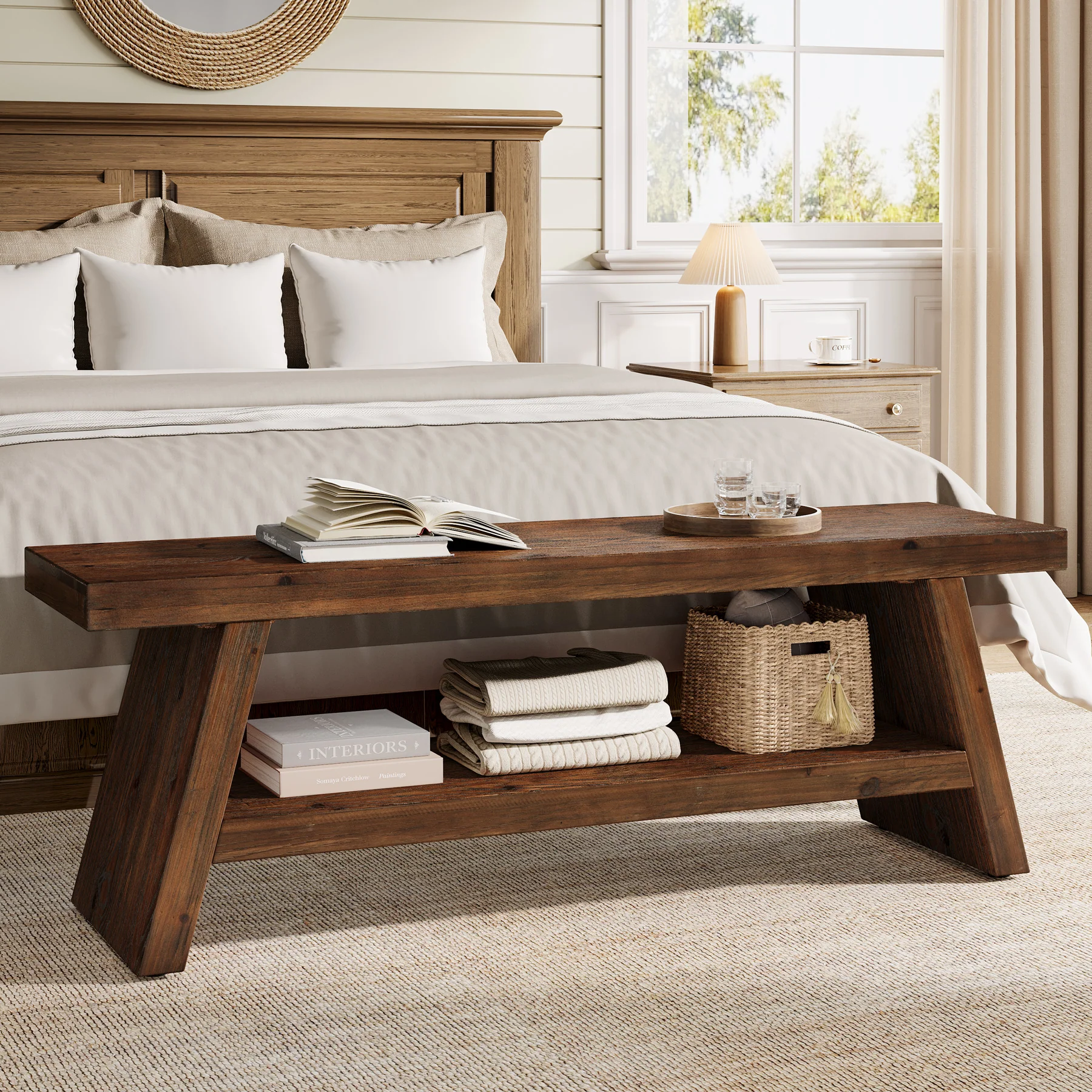 2-Tier Solid Wood Entryway Bench with Open Storage, Wooden Shoe Bench for Hallway & Foyer - Image 6