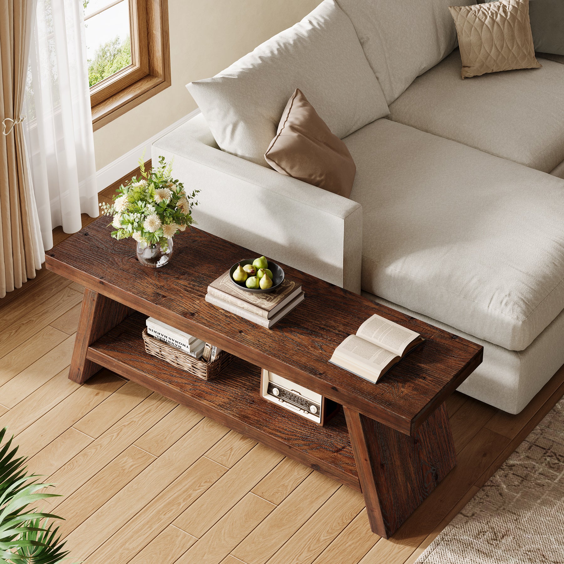 2-Tier Solid Wood Entryway Bench with Open Storage, Wooden Shoe Bench for Hallway & Foyer - Image 7