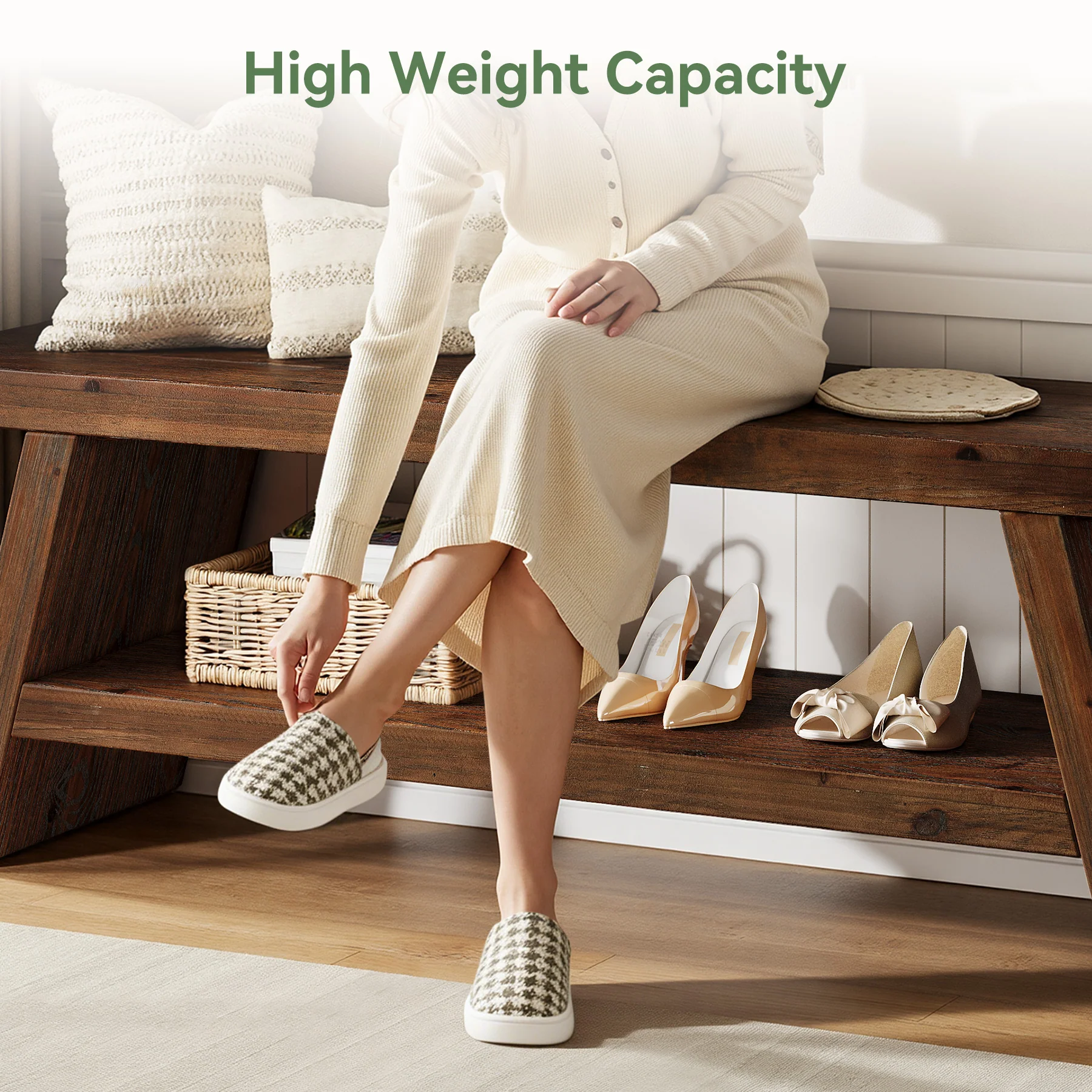 2-Tier Solid Wood Entryway Bench with Open Storage, Wooden Shoe Bench for Hallway & Foyer - Image 8
