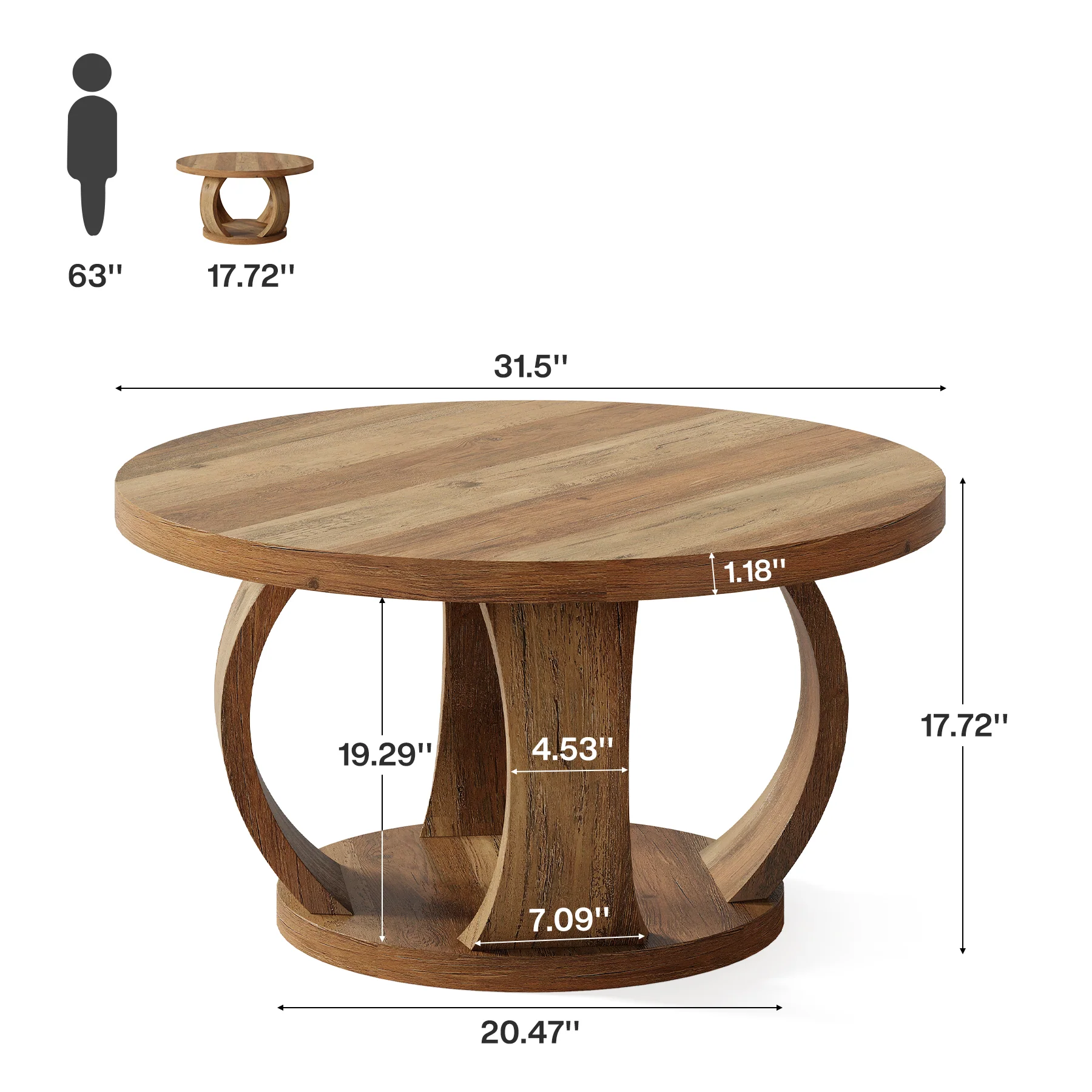 31.5" Round Coffee Table, 2-Tier Wooden Center Table with Storage - Image 2