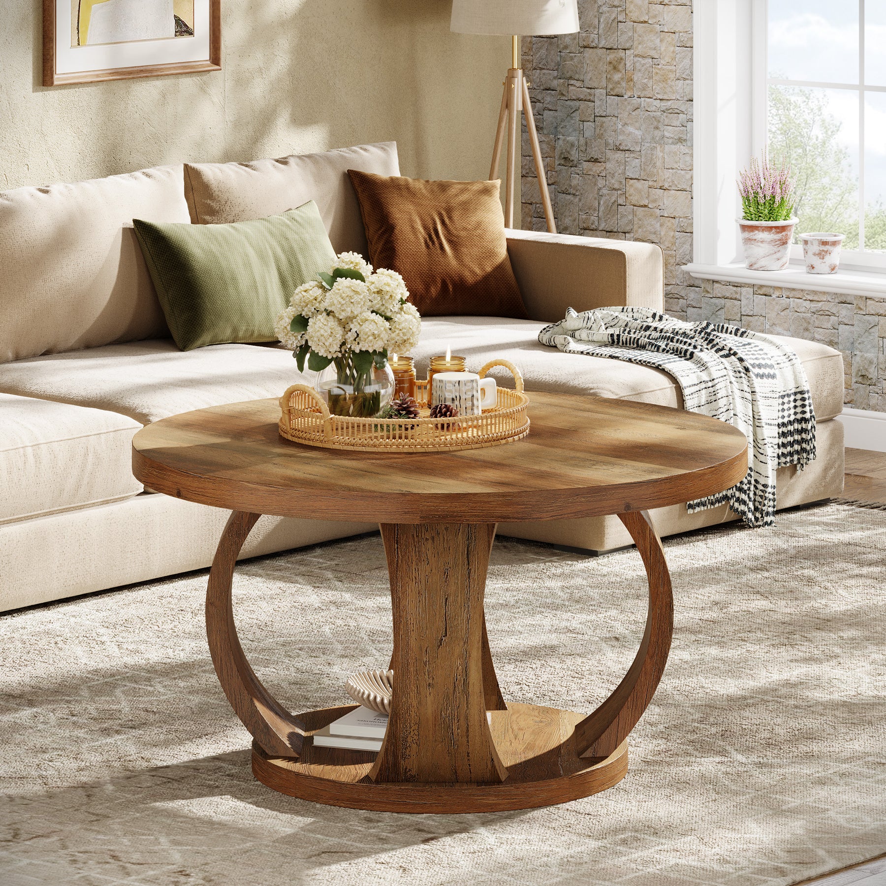 31.5" Round Coffee Table, 2-Tier Wooden Center Table with Storage - Image 3