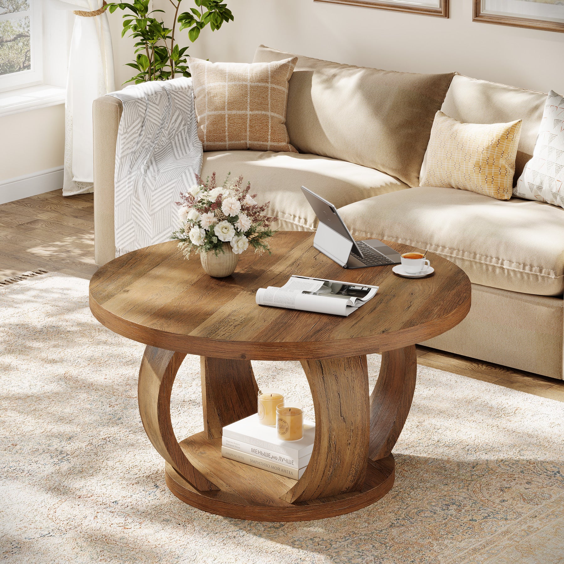 31.5" Round Coffee Table, 2-Tier Wooden Center Table with Storage - Image 4
