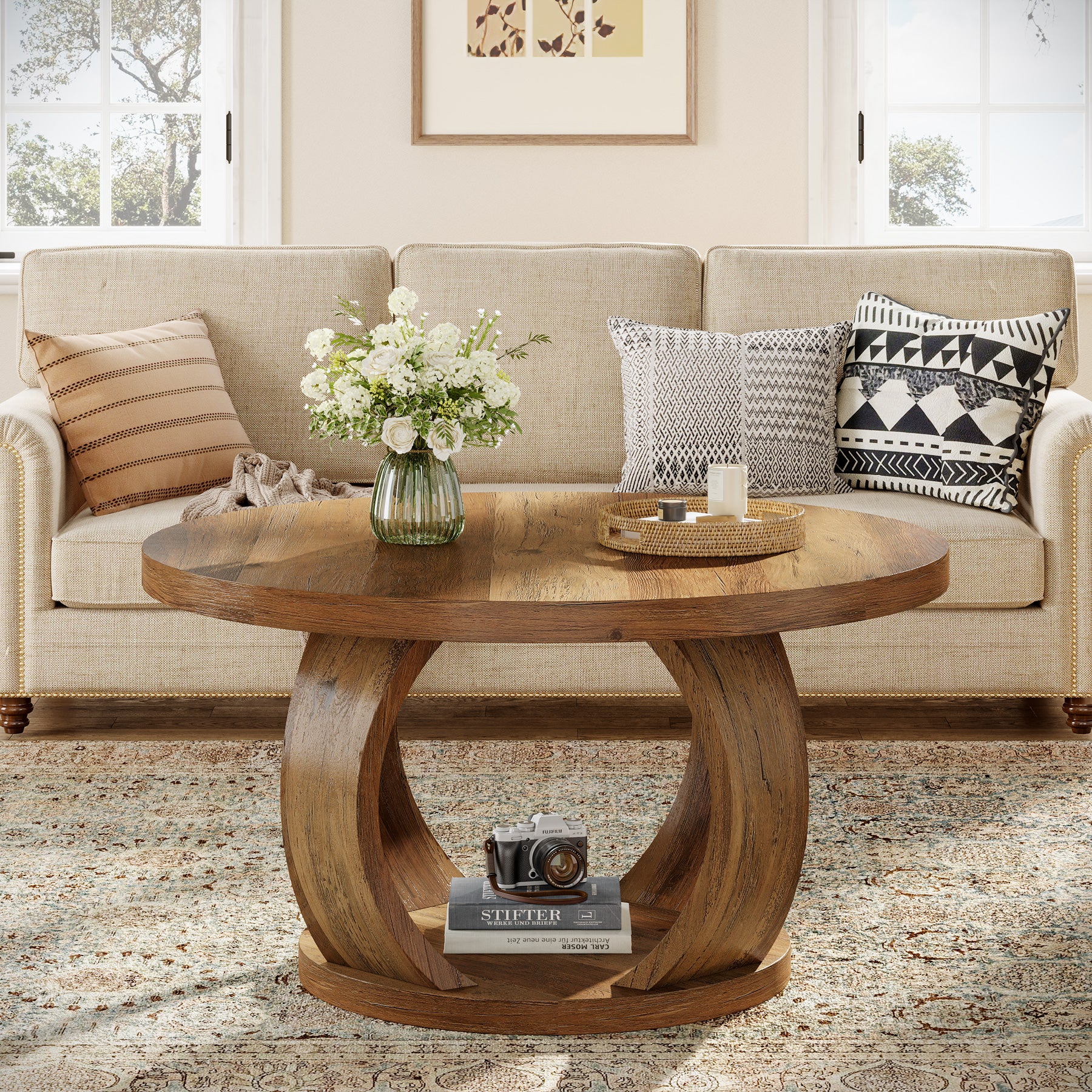 31.5" Round Coffee Table, 2-Tier Wooden Center Table with Storage - Image 5
