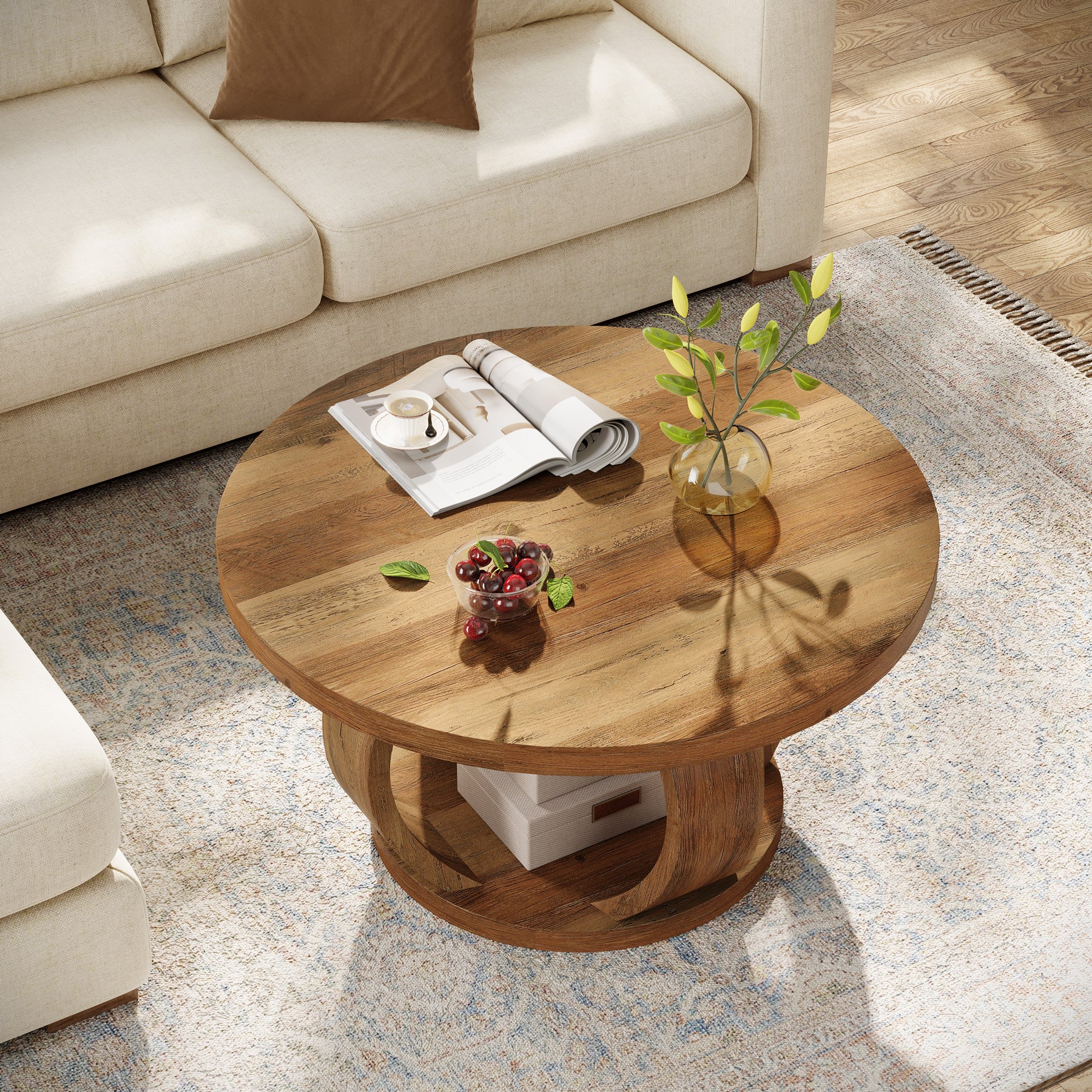 31.5" Round Coffee Table, 2-Tier Wooden Center Table with Storage - Image 6