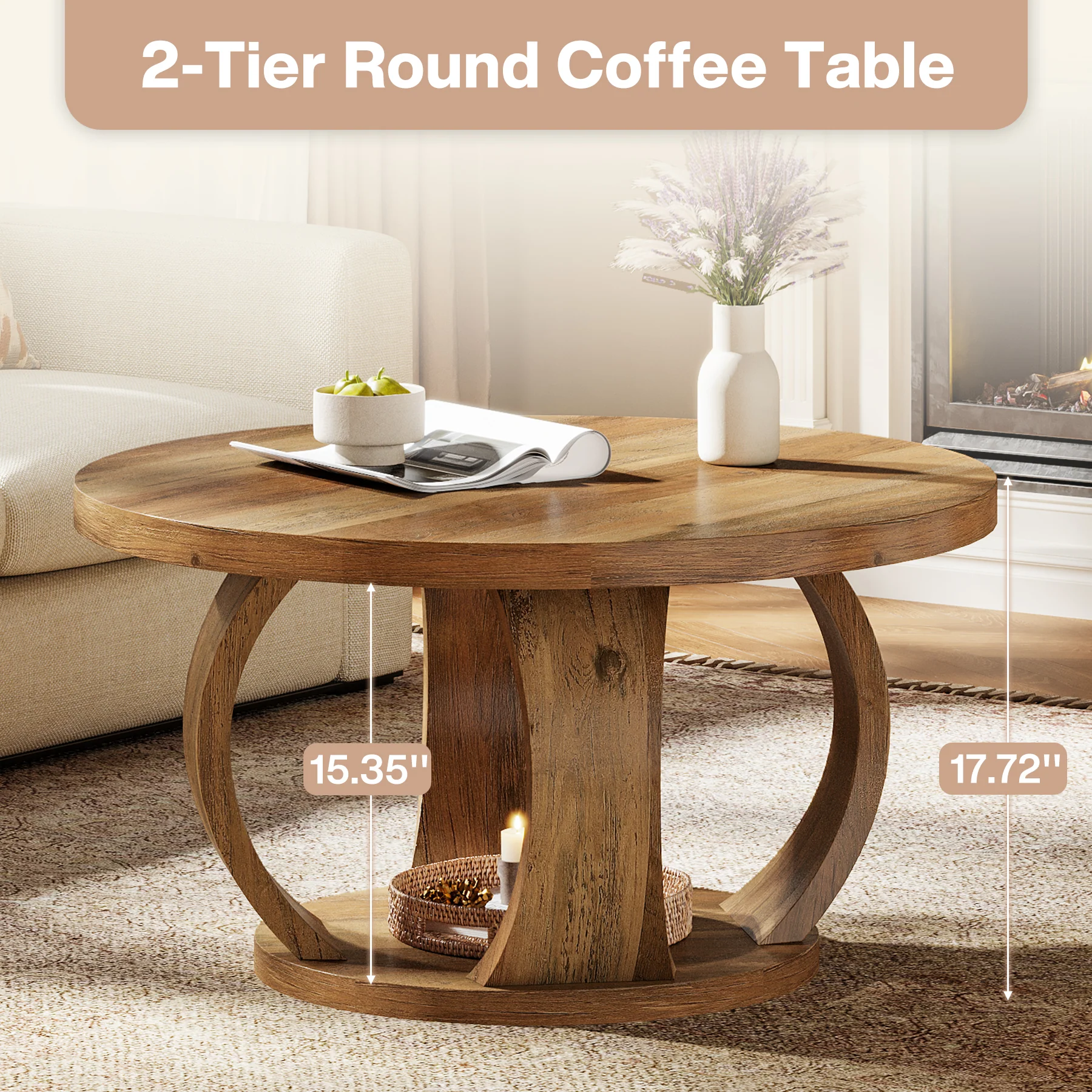 31.5" Round Coffee Table, 2-Tier Wooden Center Table with Storage - Image 7
