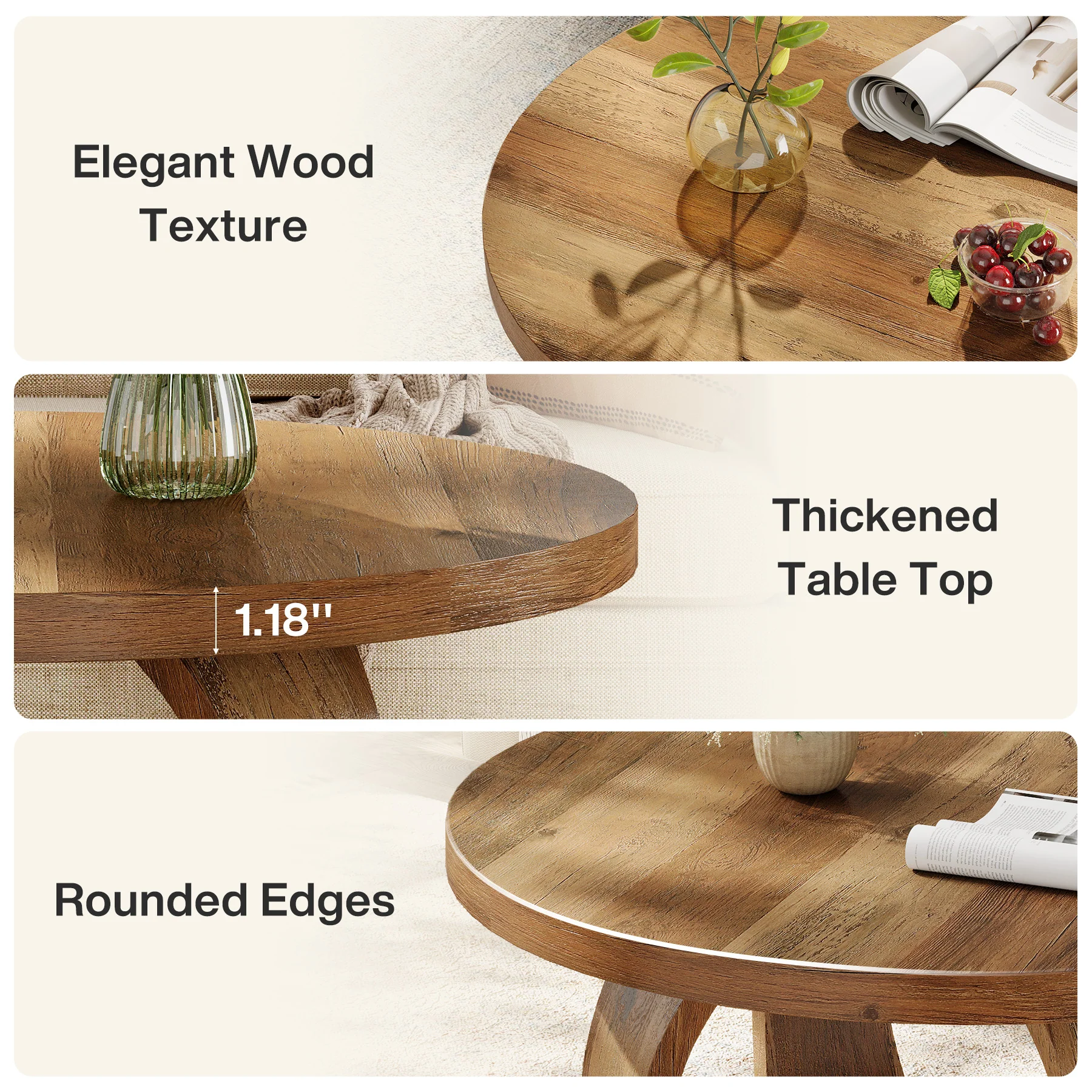 31.5" Round Coffee Table, 2-Tier Wooden Center Table with Storage - Image 8