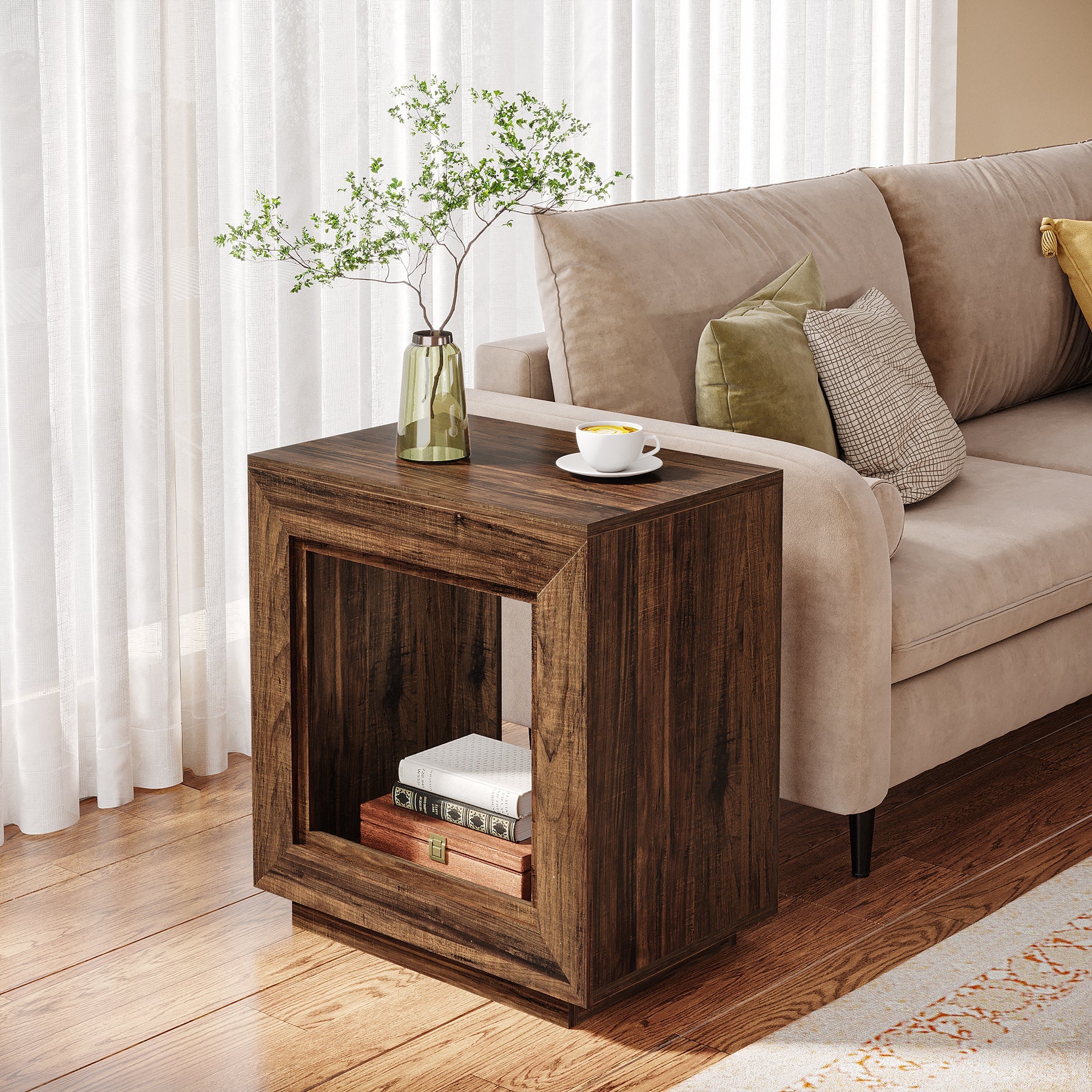 Wood End Table, Square Side Table Nightstands with Storage - Image 4