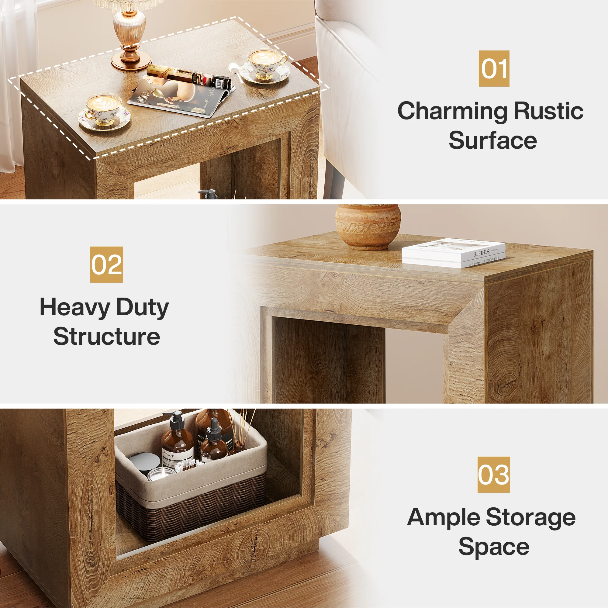 Square End Table, 2-Tier Wooden Sofa Side Table with Storage Shelf - Image 14