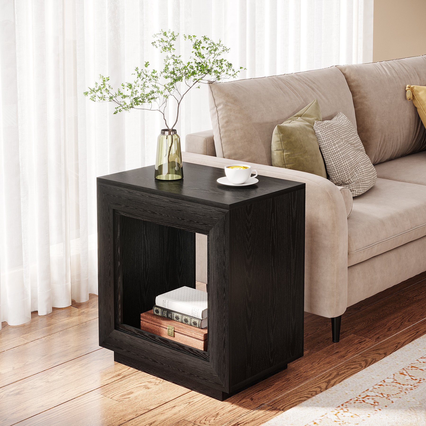 Square End Table, 2-Tier Wooden Sofa Side Table with Storage Shelf - Image 16