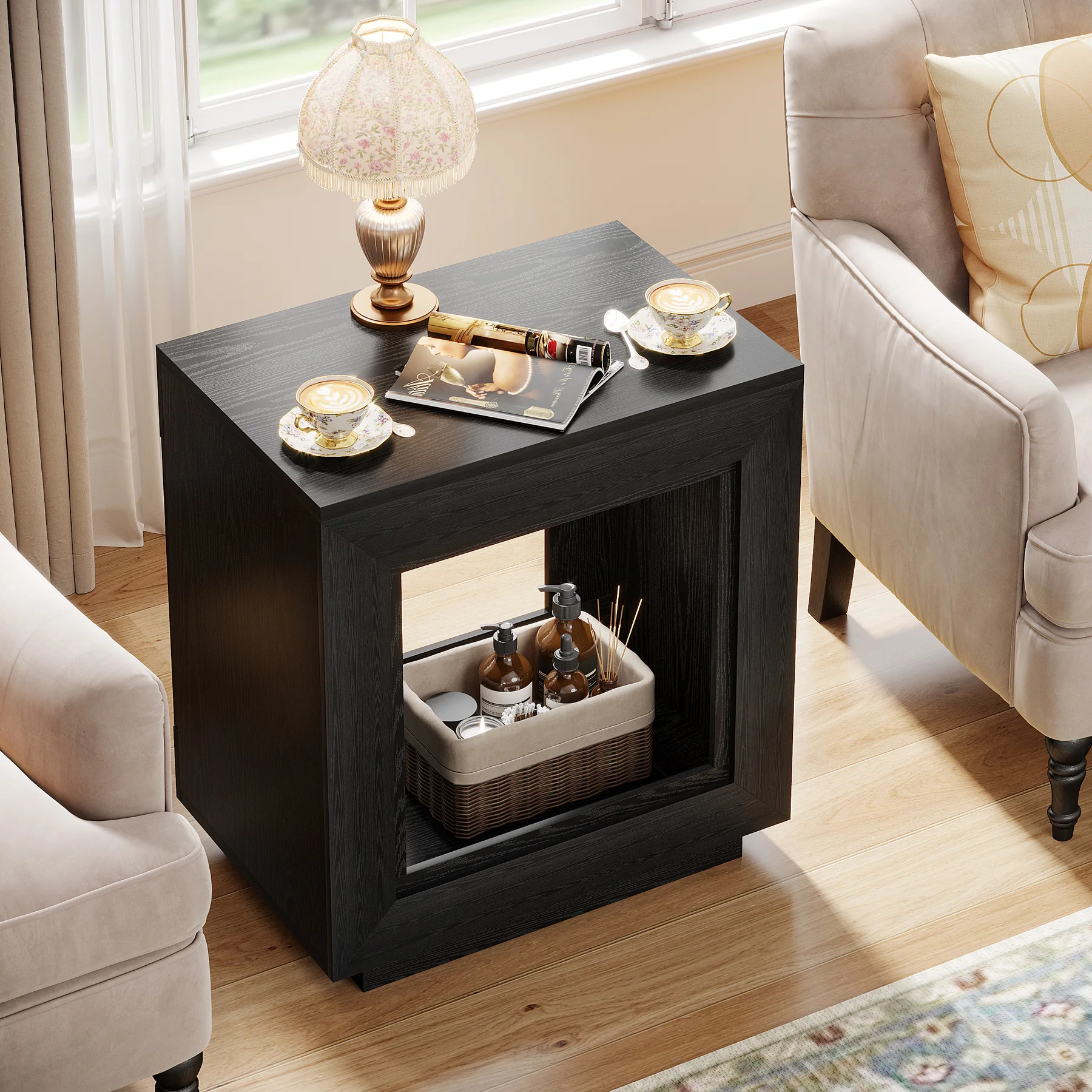 Square End Table, 2-Tier Wooden Sofa Side Table with Storage Shelf - Image 18