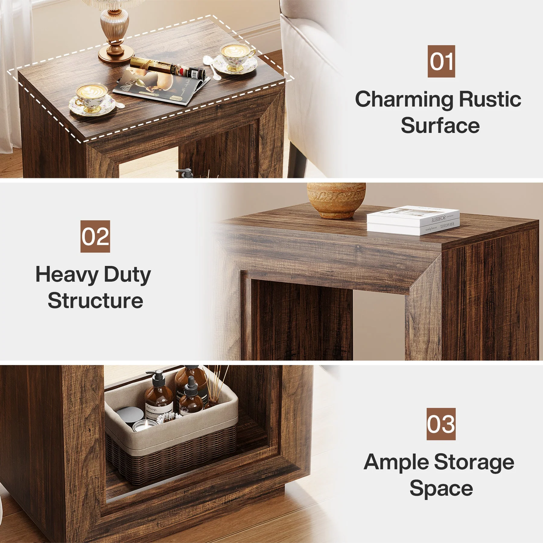 Wood End Table, Square Side Table Nightstands with Storage - Image 7