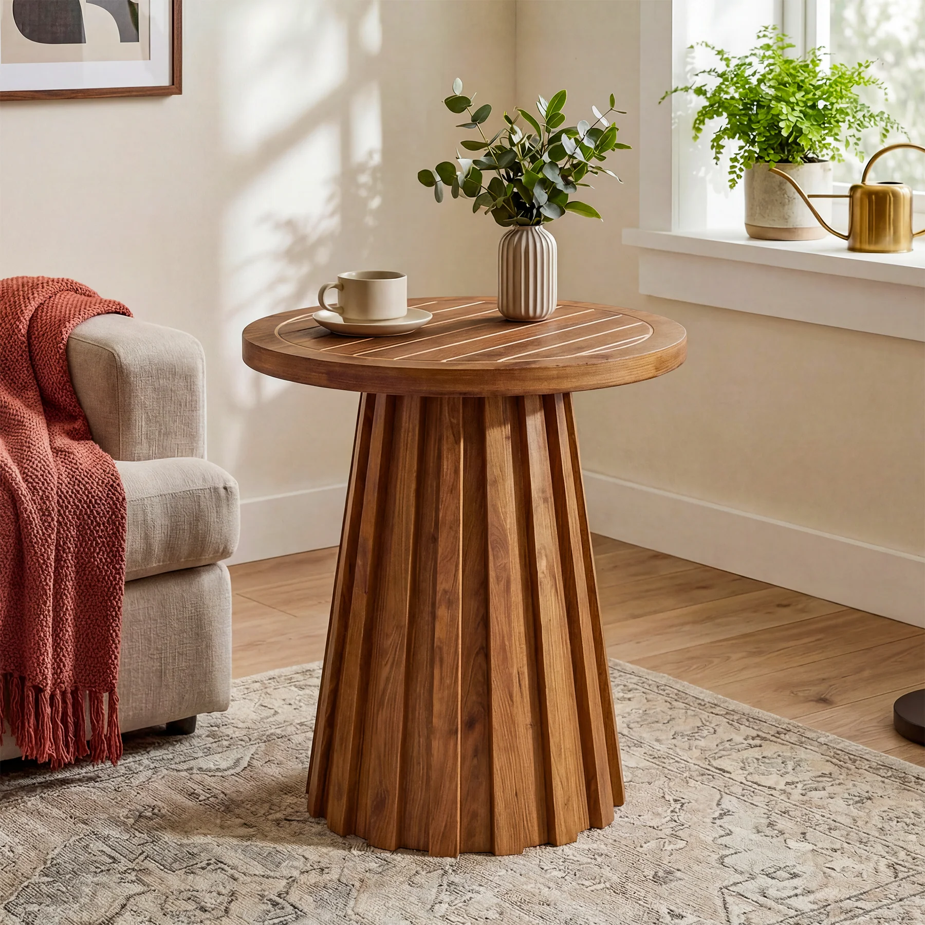 20" Round Side Table, Solid Wood End Table with Fluted Base for Living Room
