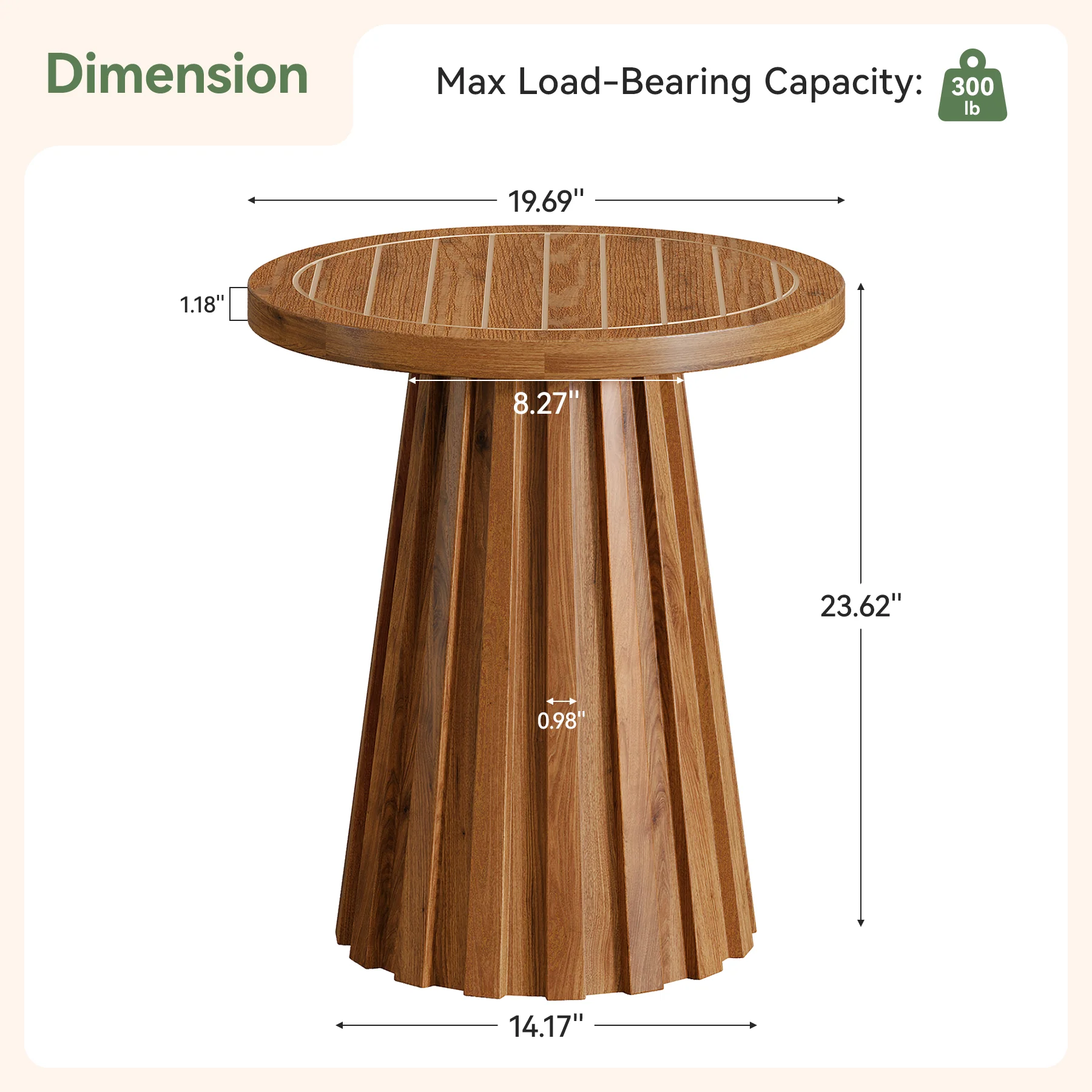 20" Round Side Table, Solid Wood End Table with Fluted Base for Living Room - Image 2