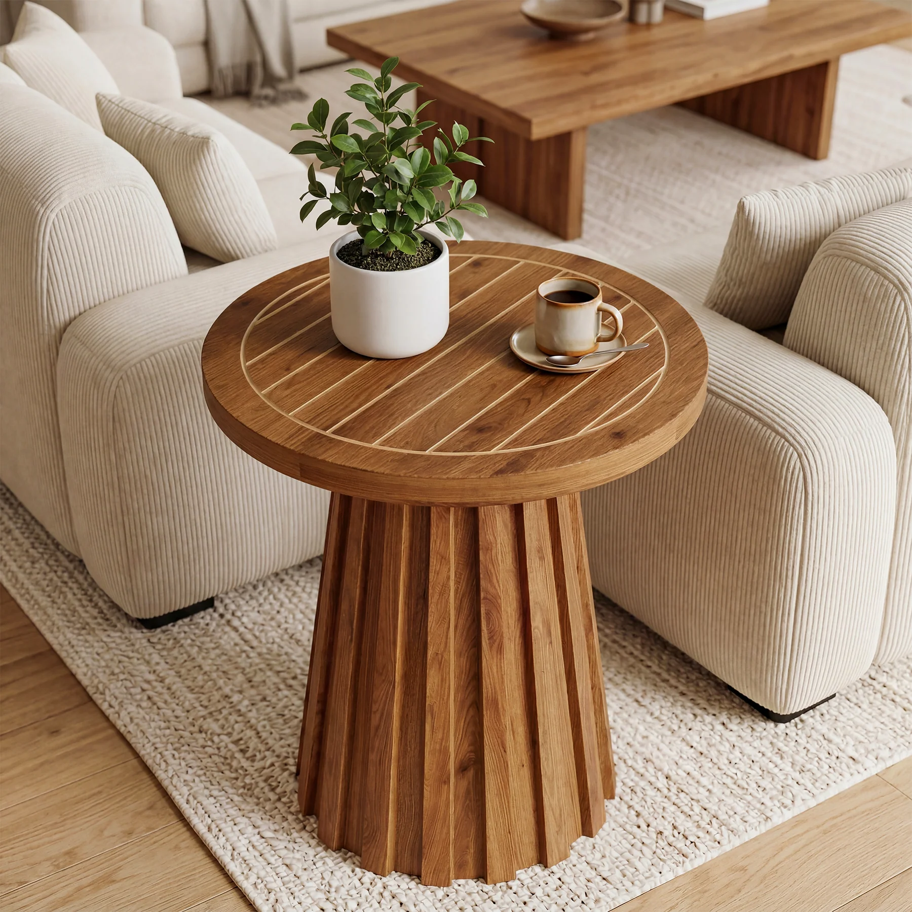 20" Round Side Table, Solid Wood End Table with Fluted Base for Living Room - Image 3