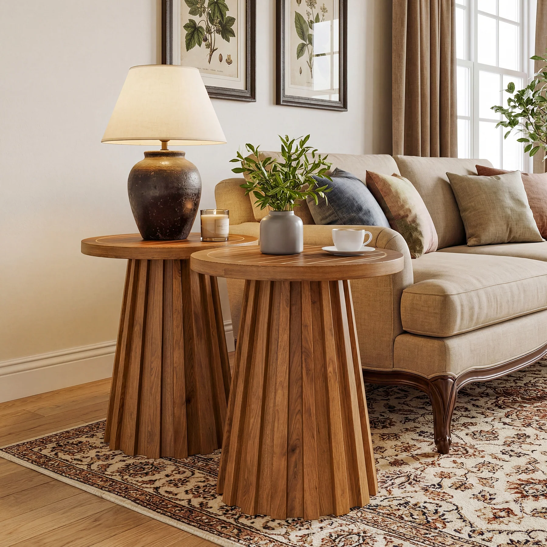 20" Round Side Table, Solid Wood End Table with Fluted Base for Living Room - Image 5