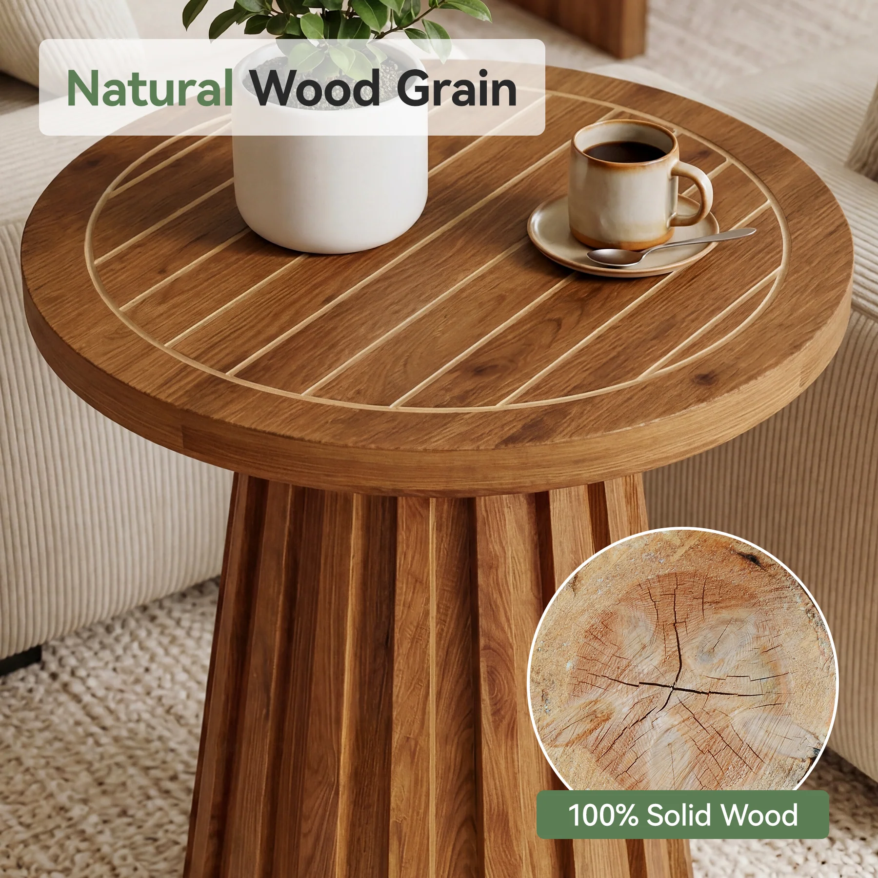 20" Round Side Table, Solid Wood End Table with Fluted Base for Living Room - Image 7