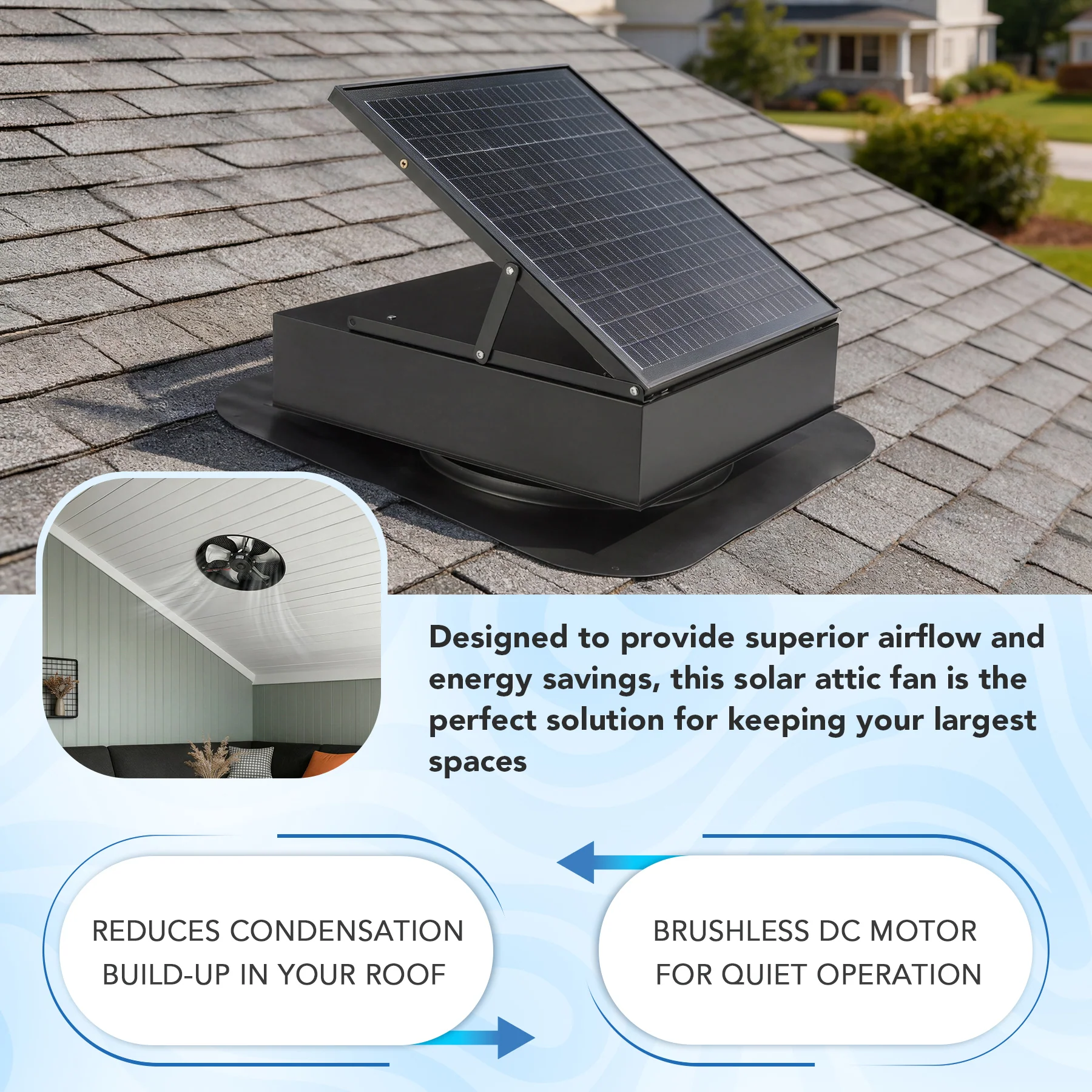35W Solar Attic Fan, 2200 CFM Smart Roof Vent Built-in Temperature Sensors(JBSF-320E) - Image 4