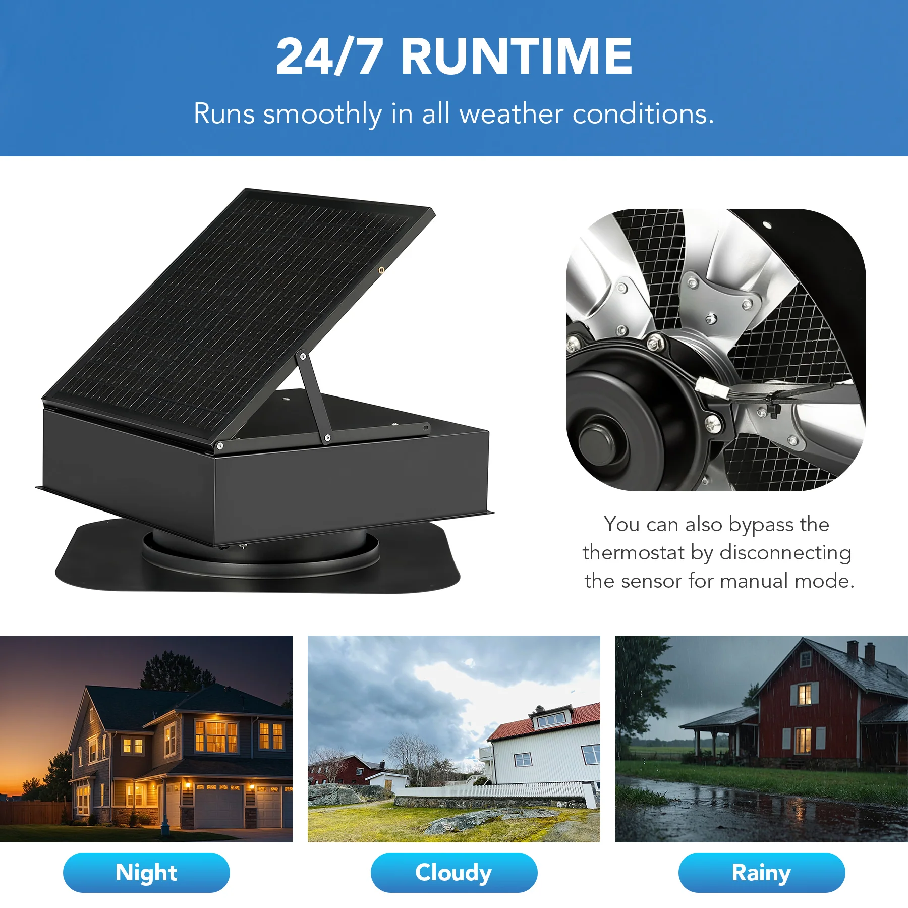 35W Solar Attic Fan, 2200 CFM Smart Roof Vent Built-in Temperature Sensors(JBSF-320E) - Image 5