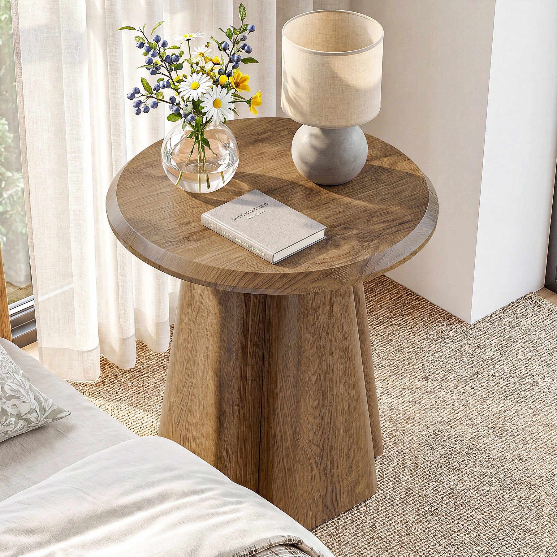23.6" Round Nightstand, Wooden Bedside Table with Sturdy Support - Image 4