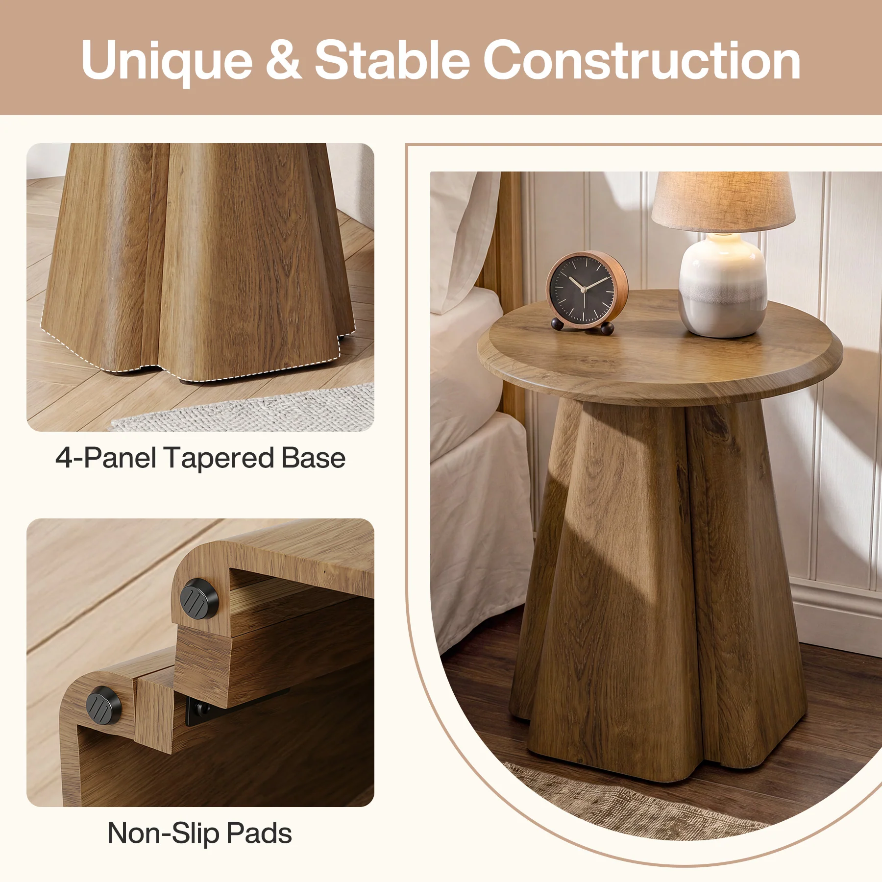 23.6" Round Nightstand, Wooden Bedside Table with Sturdy Support - Image 6