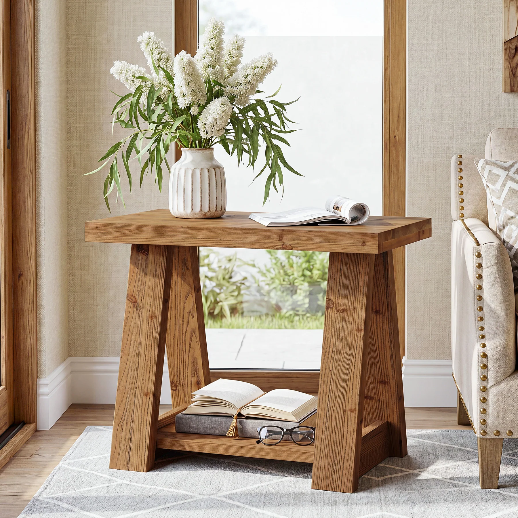 Tribesigns 23.6 Inch 2-Tier Side Table, Solid Wood Rectangle End Table with Storage Shelves for Living Room - Image 10