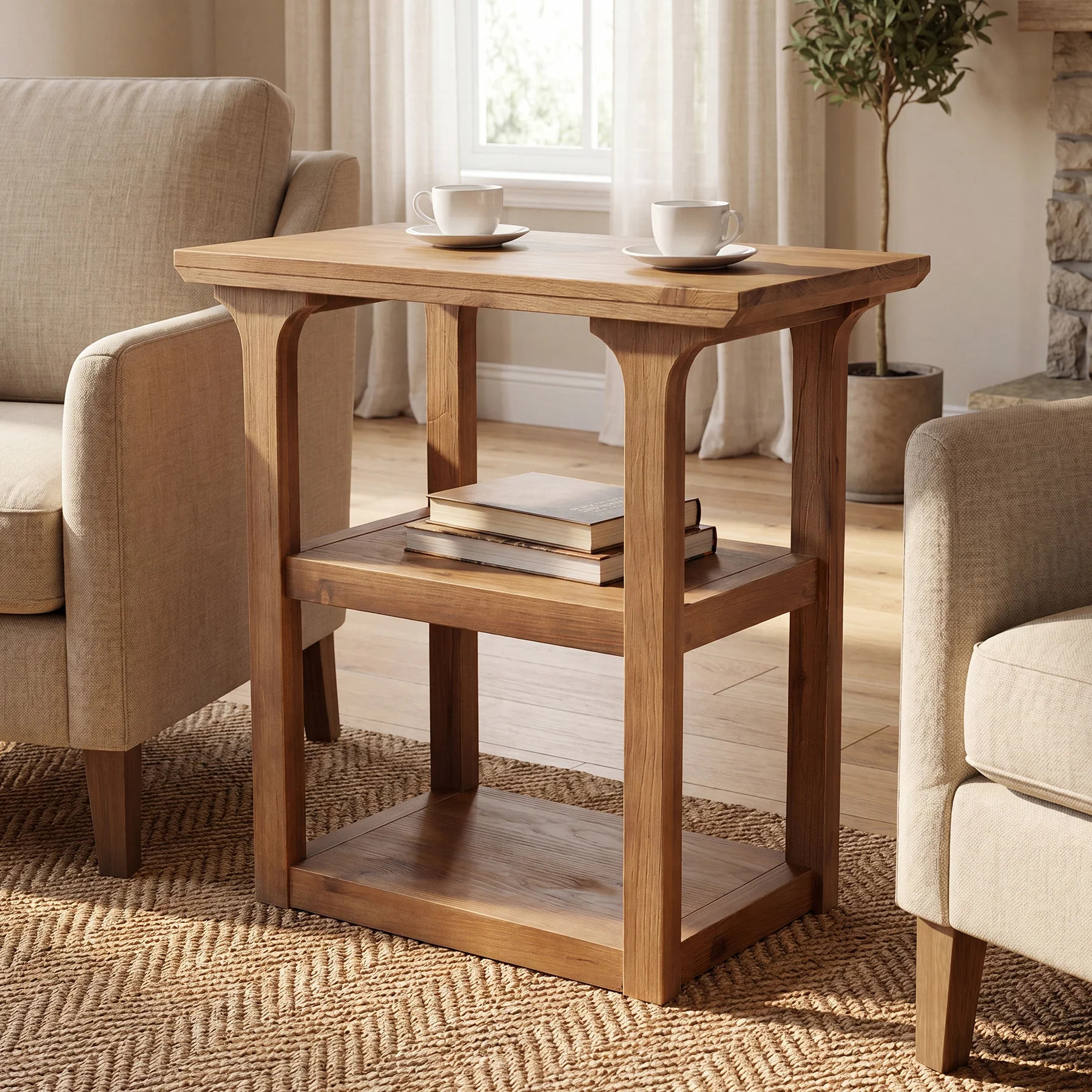 23.62" Solid Wood End Table, Farmhouse Side Table with 3-Tier Shelf for Living Room - Image 3