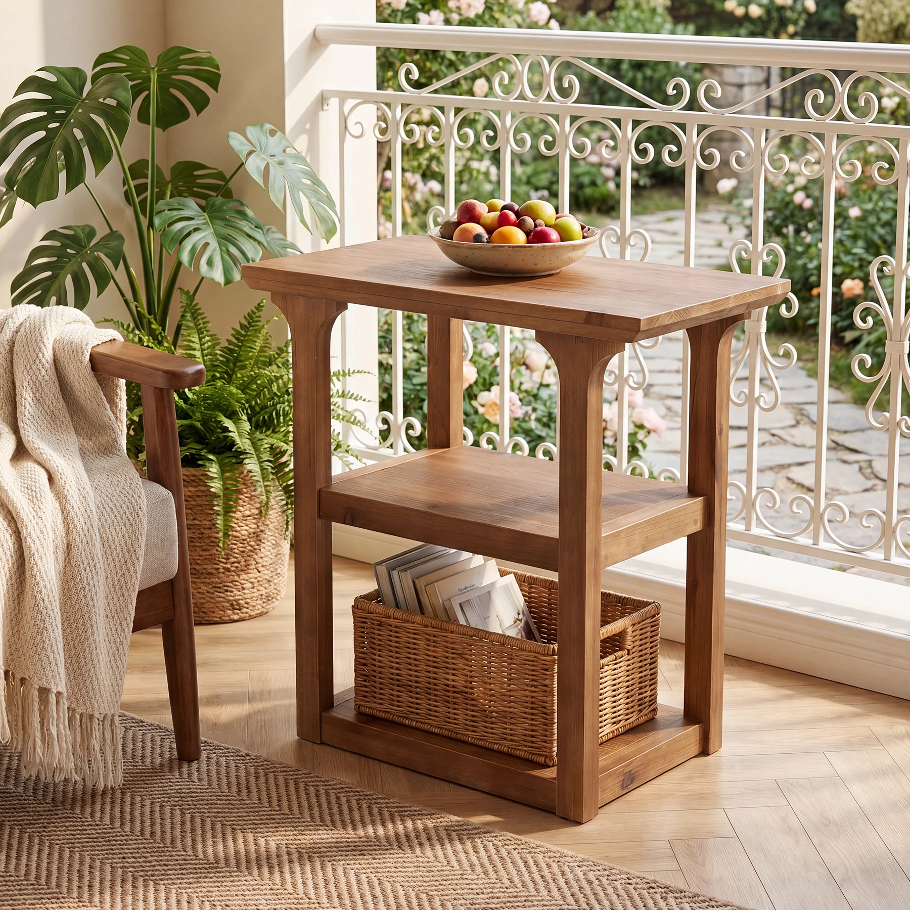 23.62" Solid Wood End Table, Farmhouse Side Table with 3-Tier Shelf for Living Room - Image 4