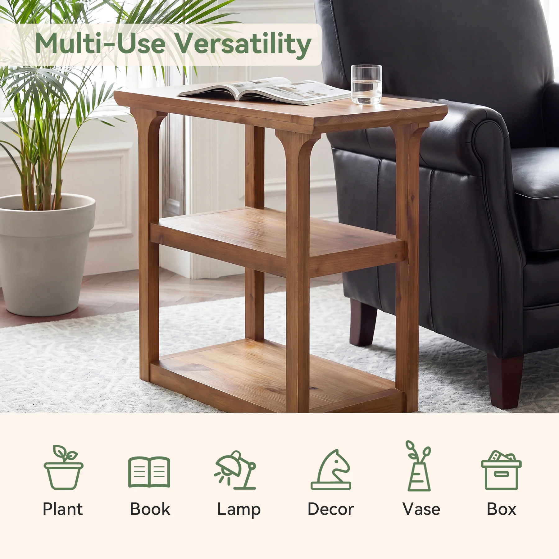 23.62" Solid Wood End Table, Farmhouse Side Table with 3-Tier Shelf for Living Room - Image 7
