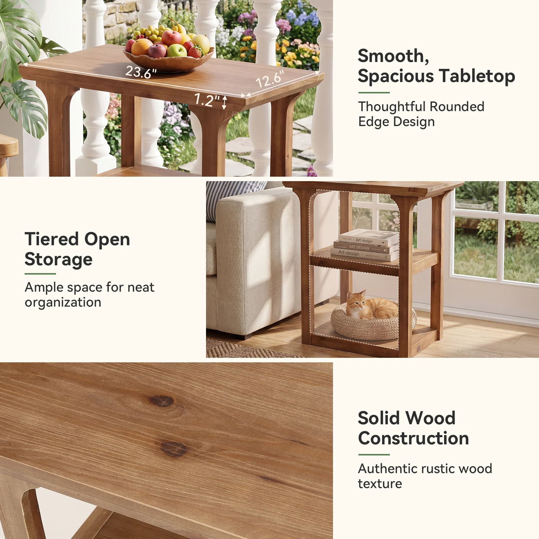 23.62" Solid Wood End Table, Farmhouse Side Table with 3-Tier Shelf for Living Room - Image 8