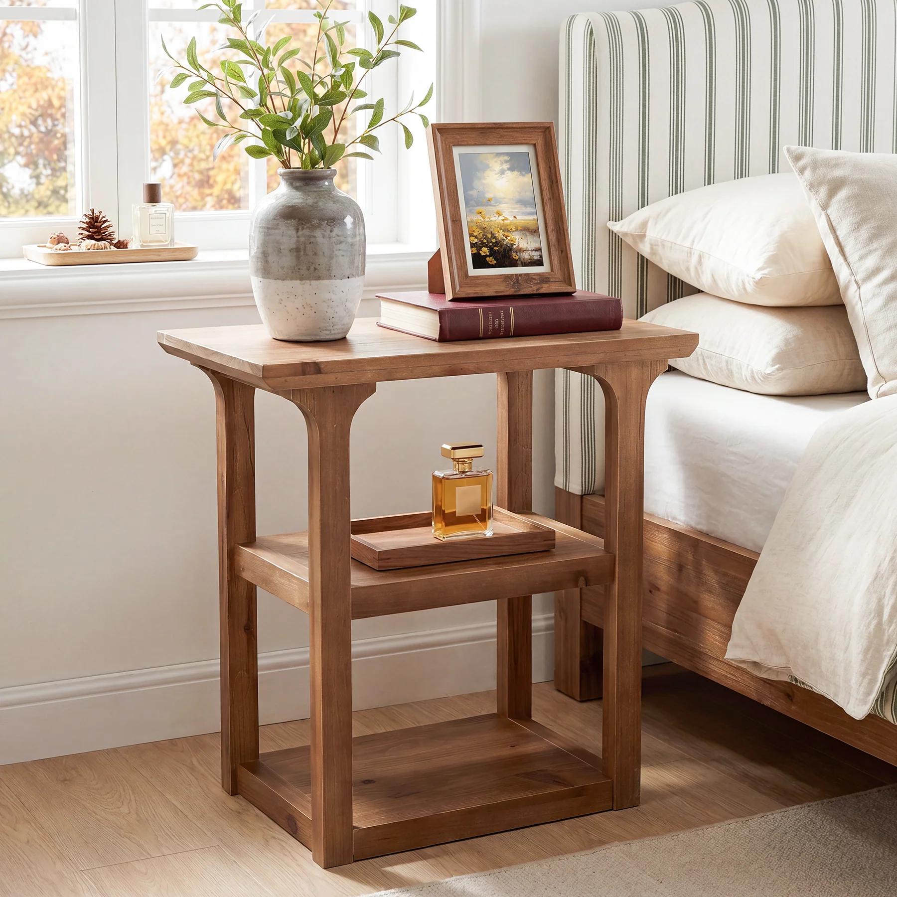 23.6" Solid Wood Nightstand, 3-Tier Bedside Table with Storage Shelves for Bedroom - Image 3