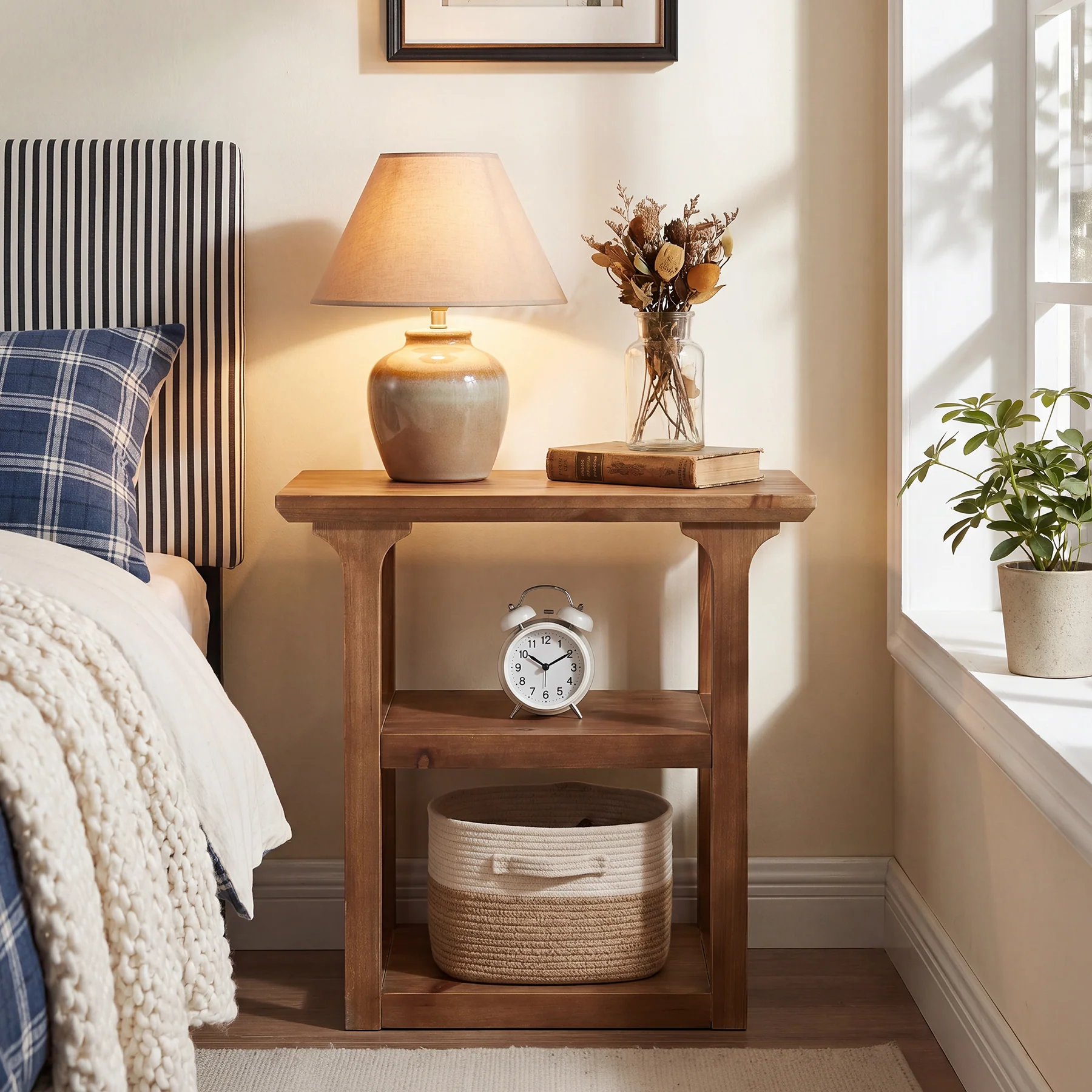 23.6" Solid Wood Nightstand, 3-Tier Bedside Table with Storage Shelves for Bedroom - Image 4