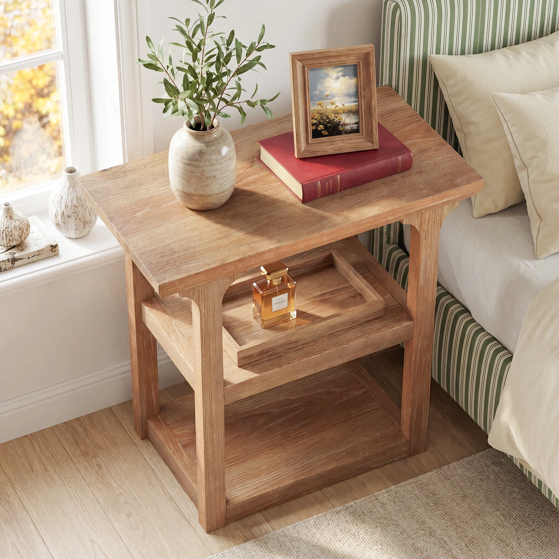 23.6" Solid Wood Nightstand, 3-Tier Bedside Table with Storage Shelves for Bedroom - Image 5