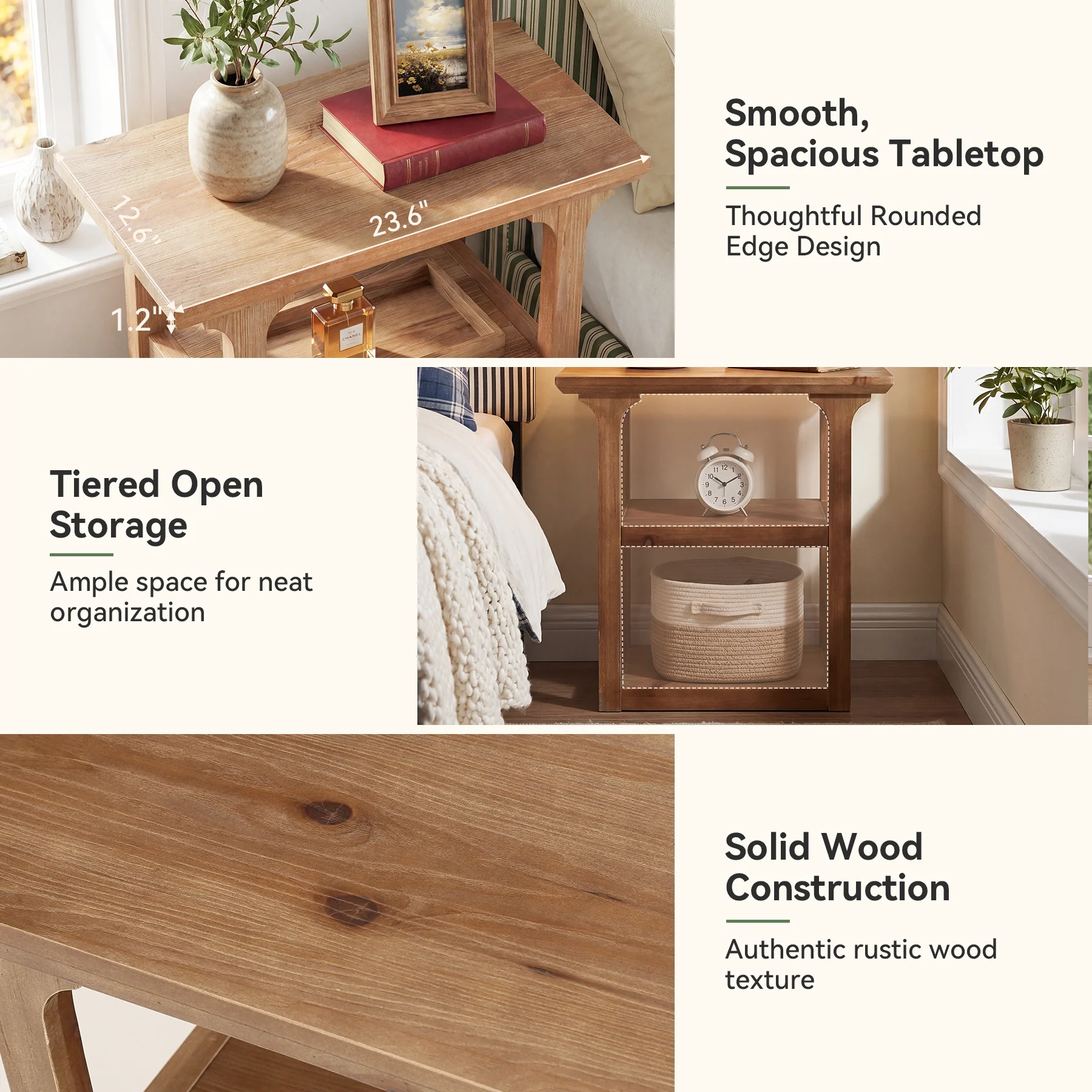 23.6" Solid Wood Nightstand, 3-Tier Bedside Table with Storage Shelves for Bedroom - Image 6