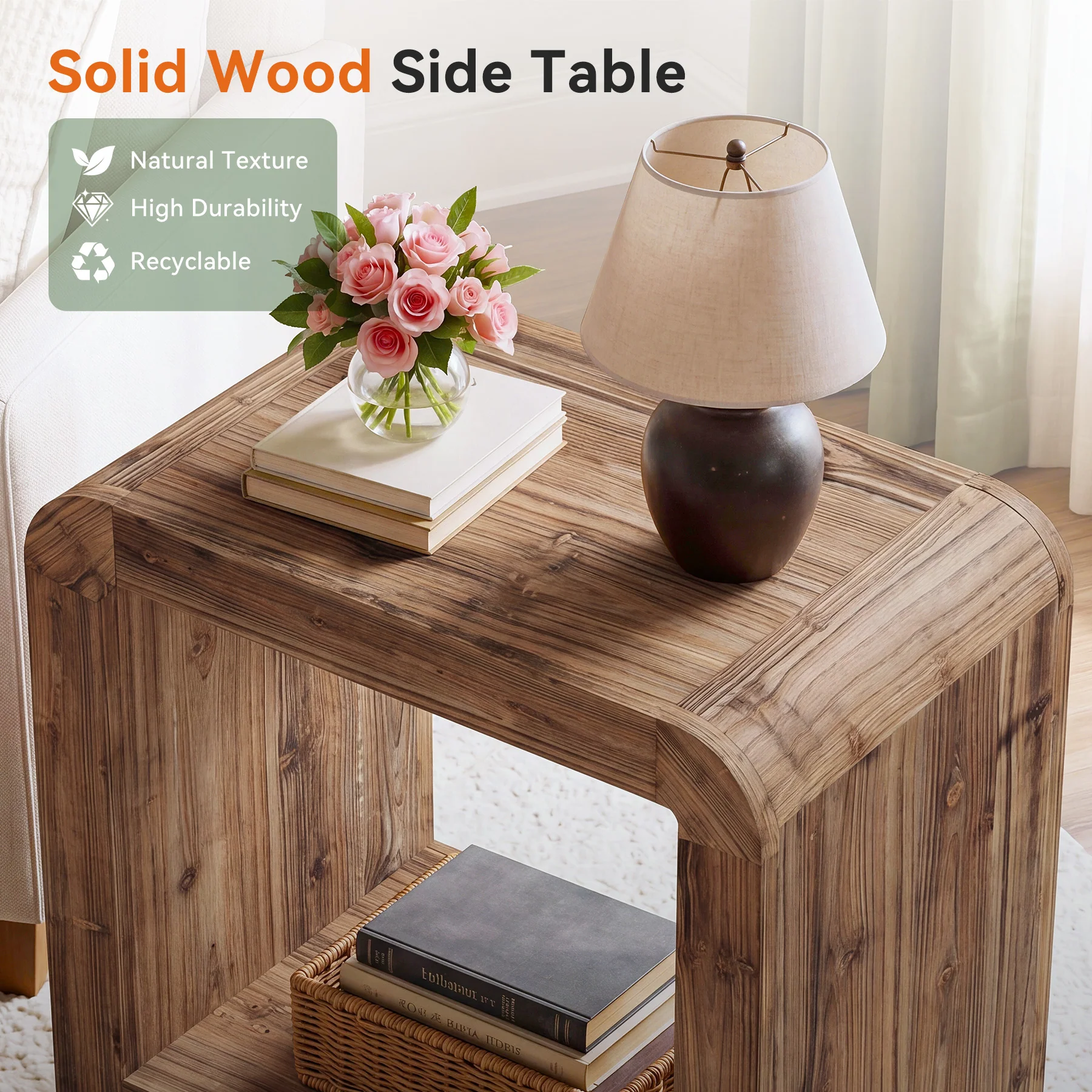 23.62" Solid Wood End Table, 2-Tier Narrow Side Table with Storage for Living Room - Image 4