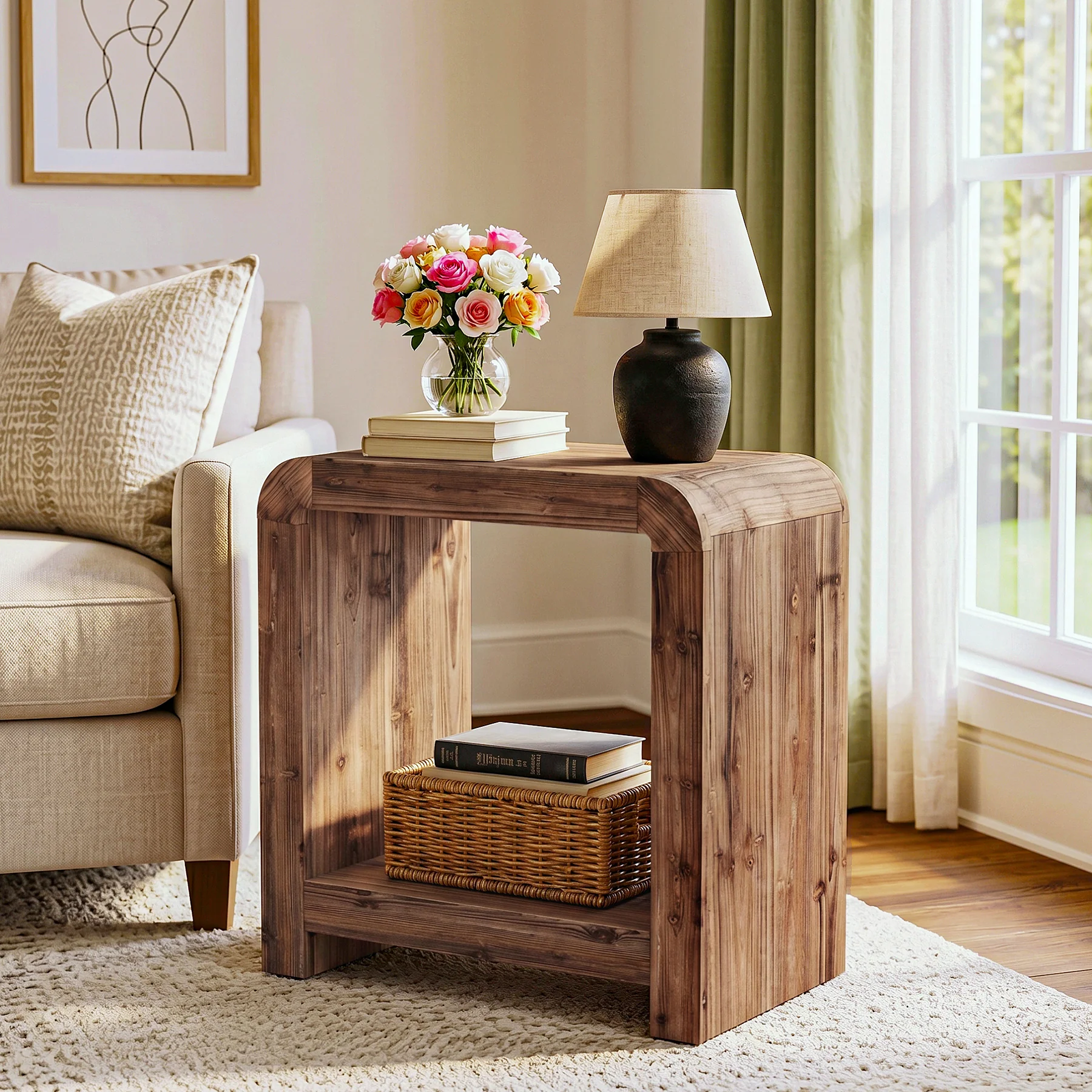 23.62" Solid Wood End Table, 2-Tier Narrow Side Table with Storage for Living Room - Image 7
